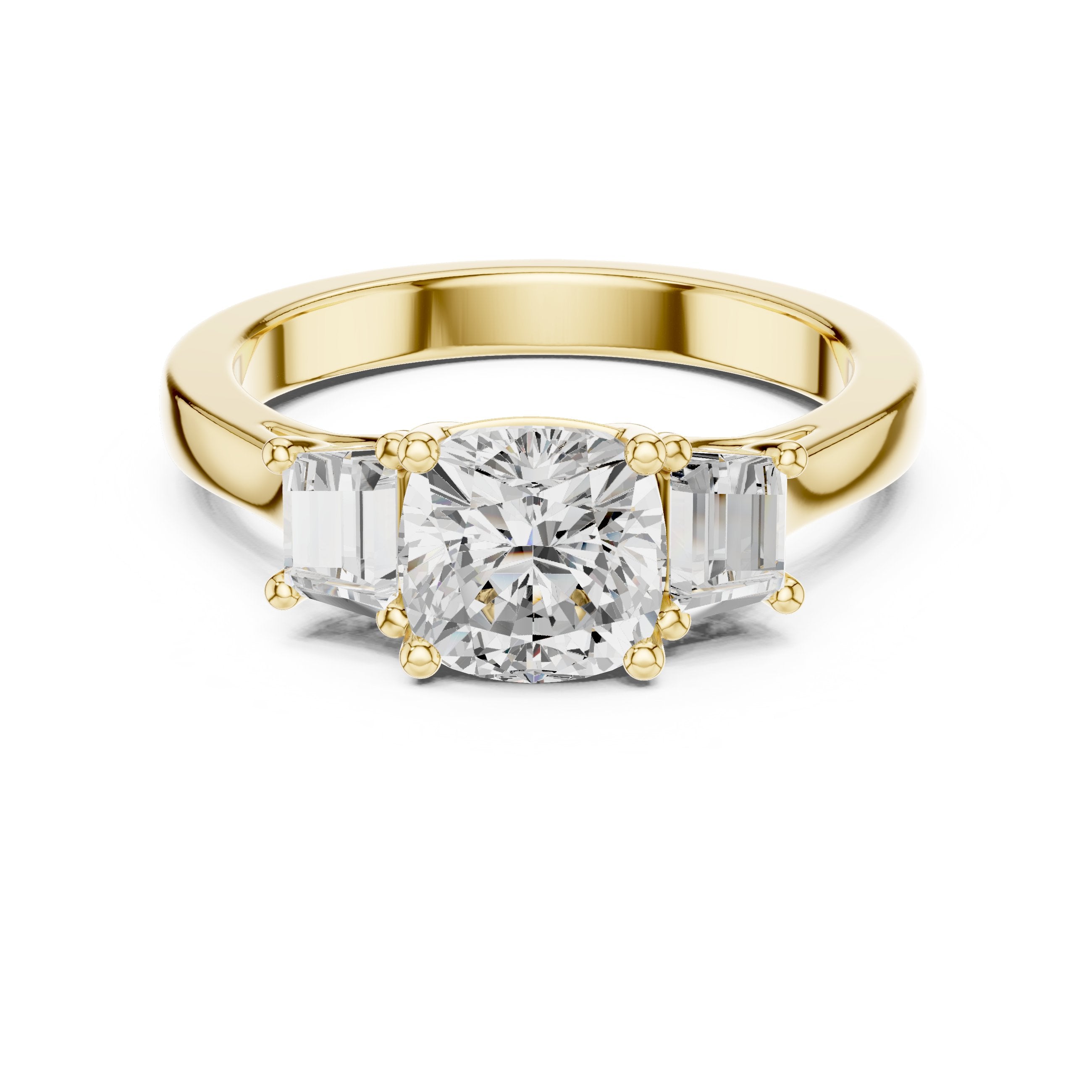 Cushion Cut Three Stone Engagement Ring with Tapered Baguette Sides in Yellow Gold - VYKA Diamonds
