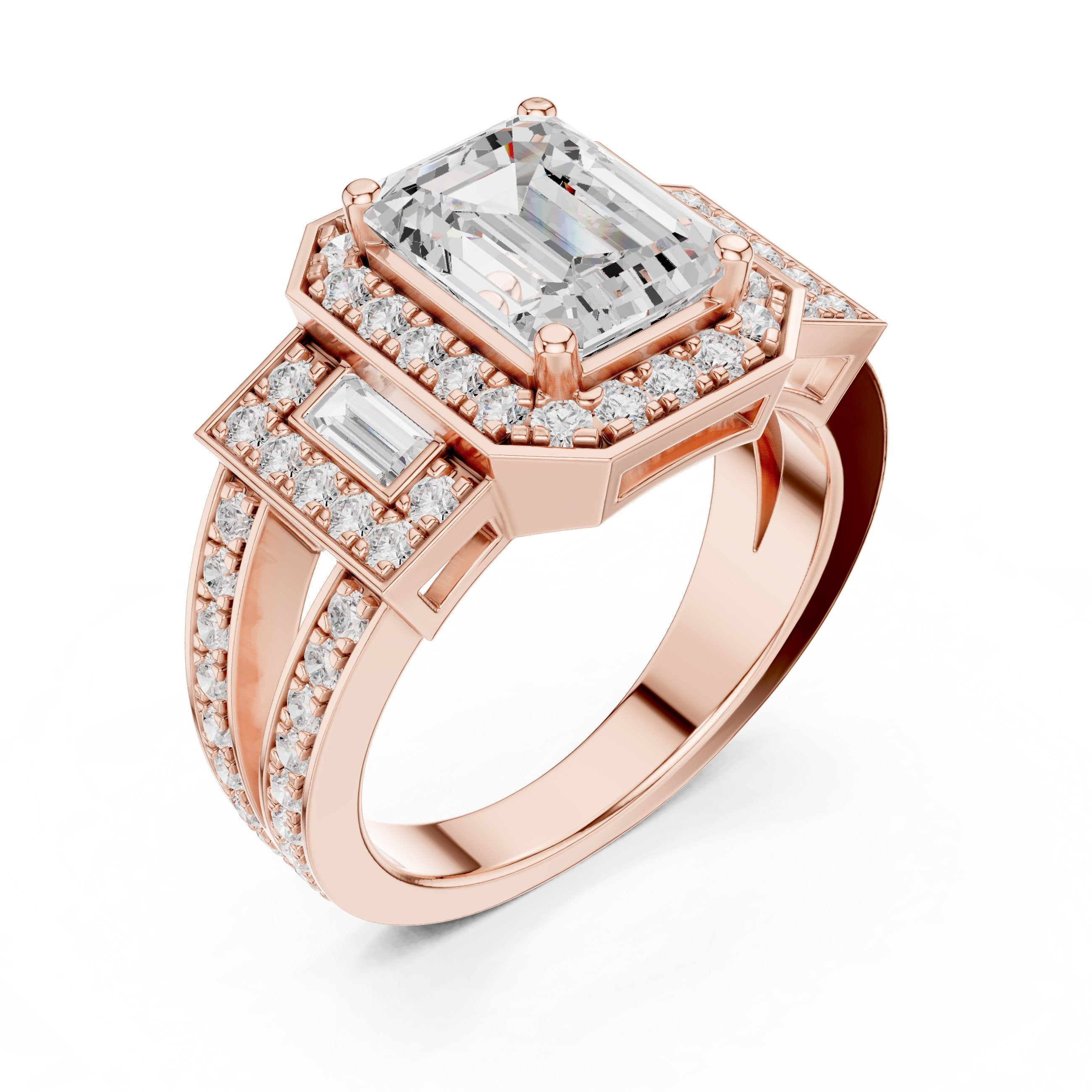 Emerald Cut Three Stone Halo Engagement Ring with Baguette Sides and Pavé Band in Rose Gold - VYKA Diamonds