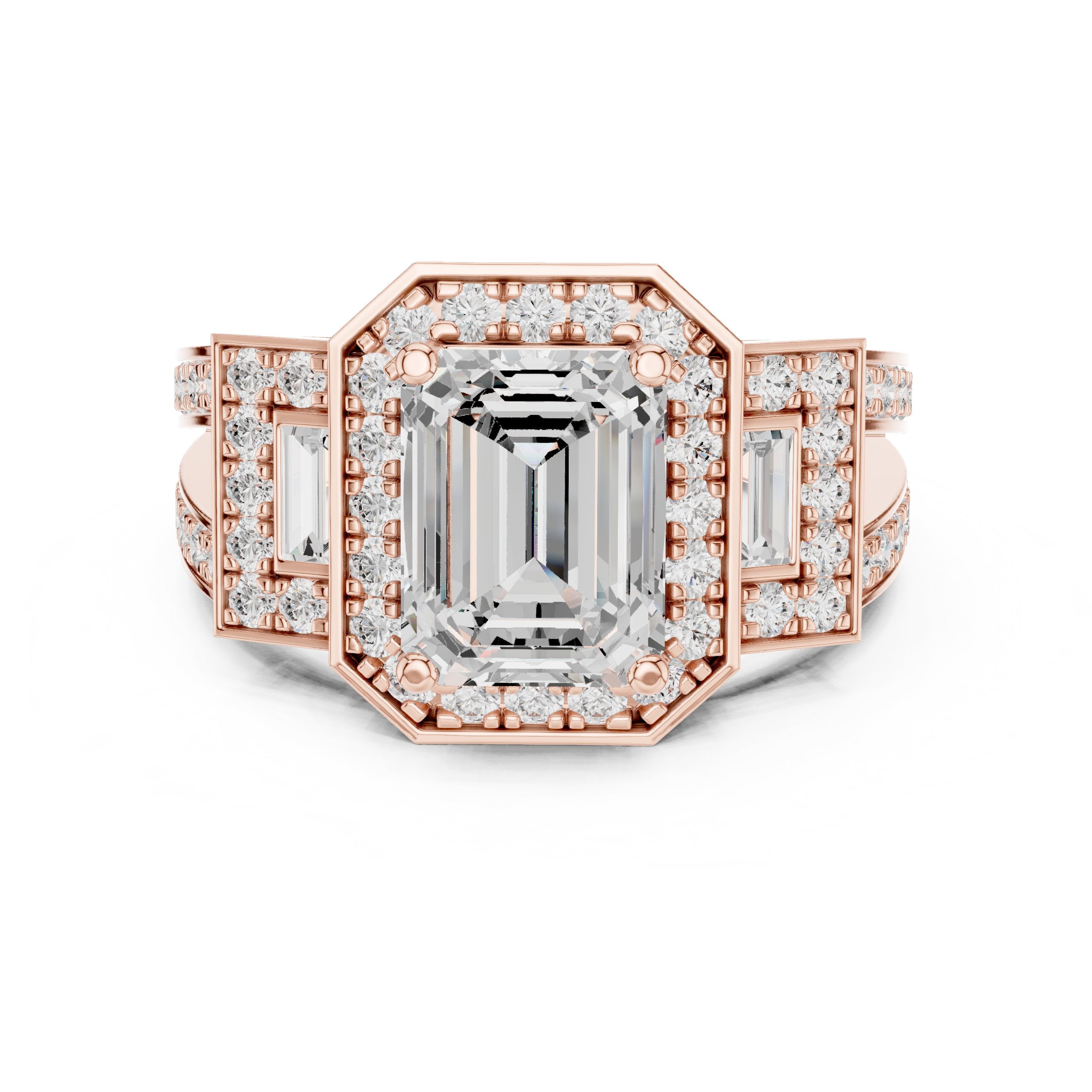 Emerald Cut Three Stone Halo Engagement Ring with Baguette Sides and Pavé Band in Rose Gold - VYKA Diamonds