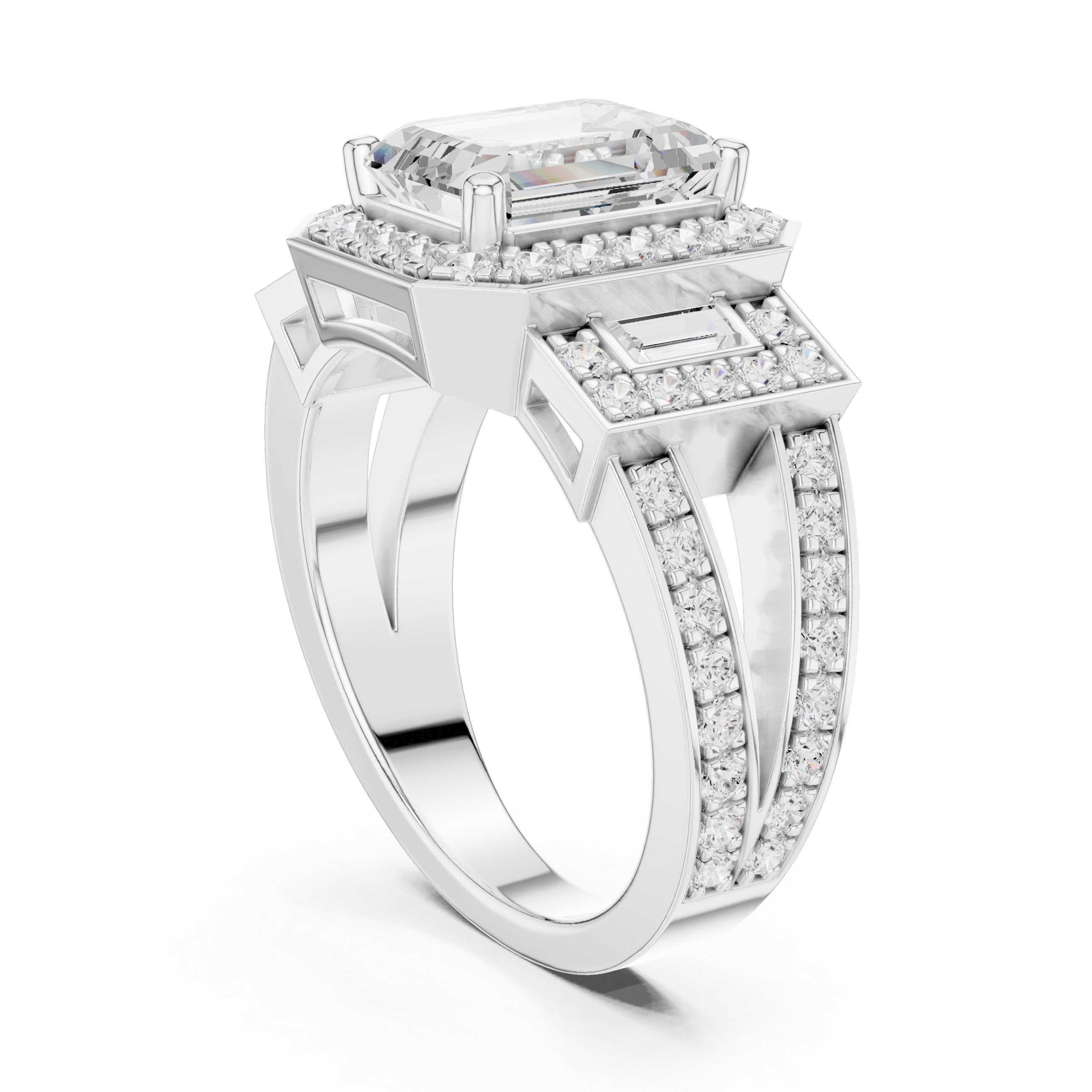 Emerald Cut Three Stone Halo Engagement Ring with Baguette Sides and Pavé Band in White Gold - VYKA Diamonds