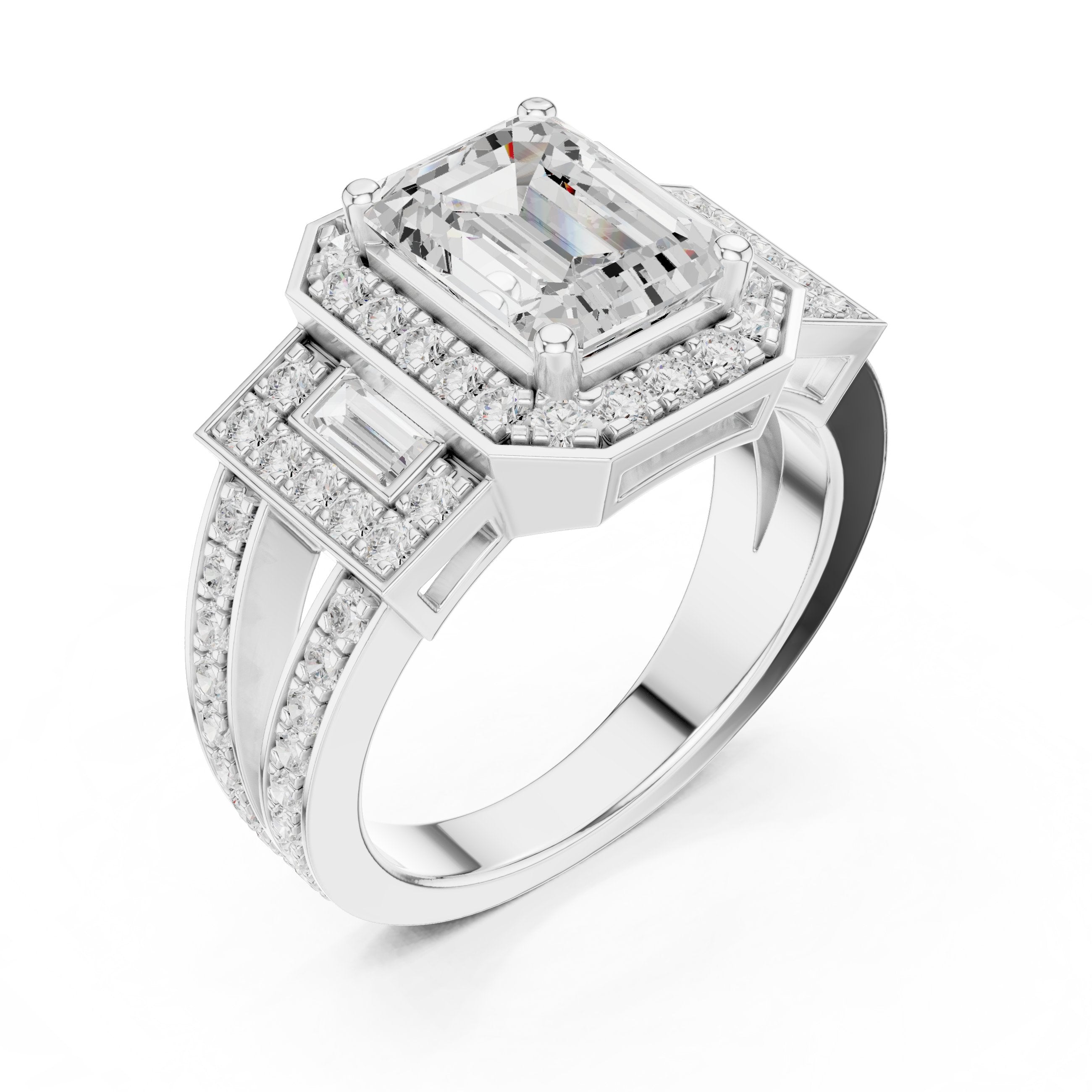 Emerald Cut Three Stone Halo Engagement Ring with Baguette Sides and Pavé Band in White Gold - VYKA Diamonds