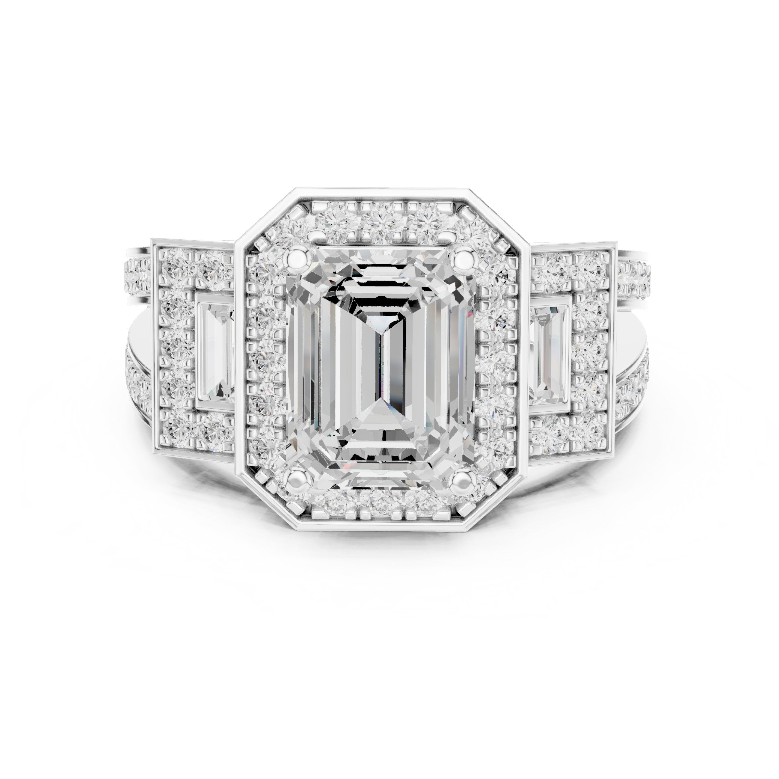 Emerald Cut Three Stone Halo Engagement Ring with Baguette Sides and Pavé Band in White Gold - VYKA Diamonds