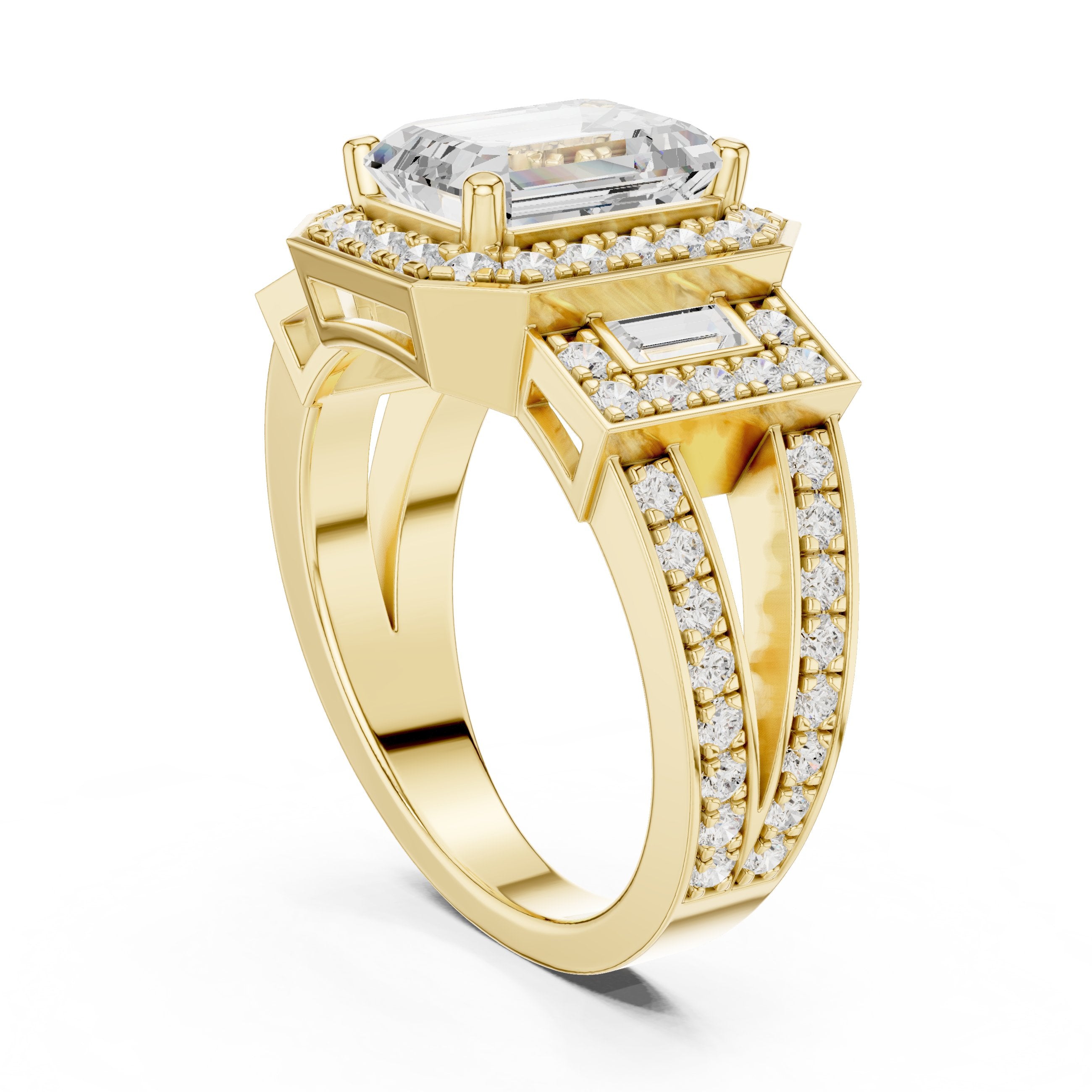 Emerald Cut Three Stone Halo Engagement Ring with Baguette Sides and Pavé Band in Yellow Gold - VYKA Diamonds