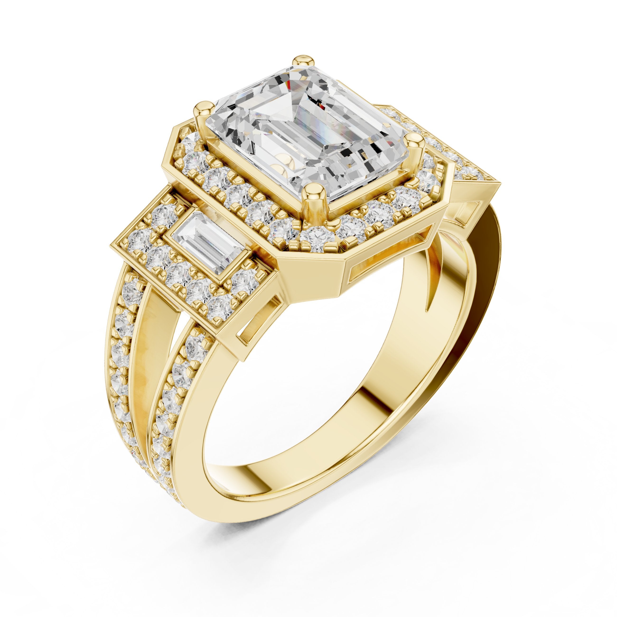 Emerald Cut Three Stone Halo Engagement Ring with Baguette Sides and Pavé Band in Yellow Gold - VYKA Diamonds