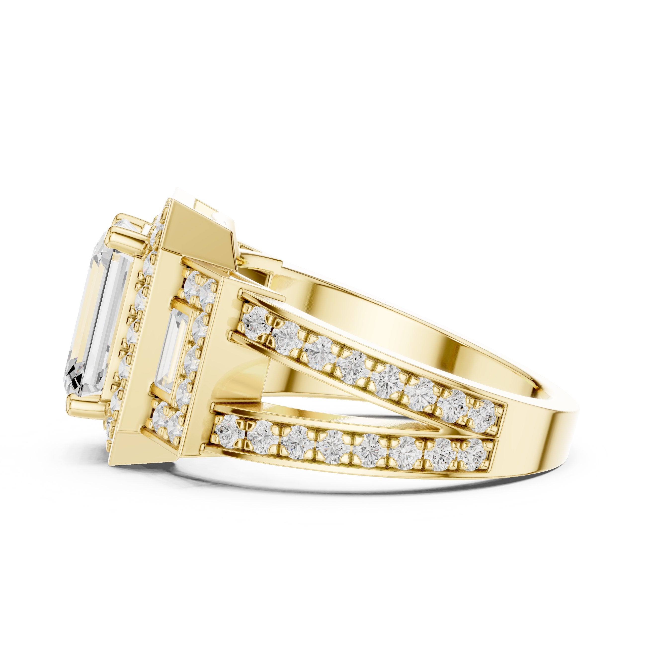 Emerald Cut Three Stone Halo Engagement Ring with Baguette Sides and Pavé Band in Yellow Gold - VYKA Diamonds