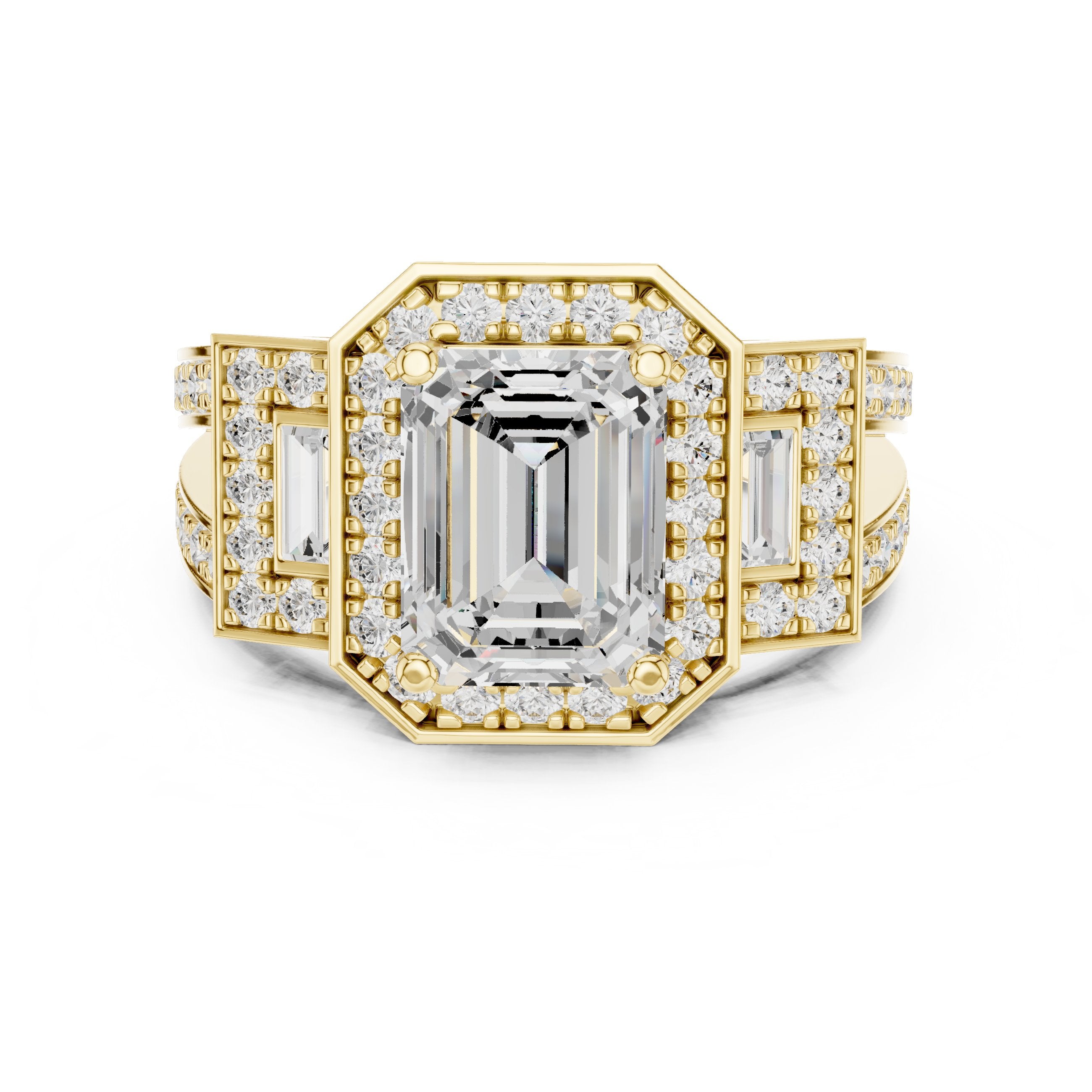 Emerald Cut Three Stone Halo Engagement Ring with Baguette Sides and Pavé Band in Yellow Gold - VYKA Diamonds