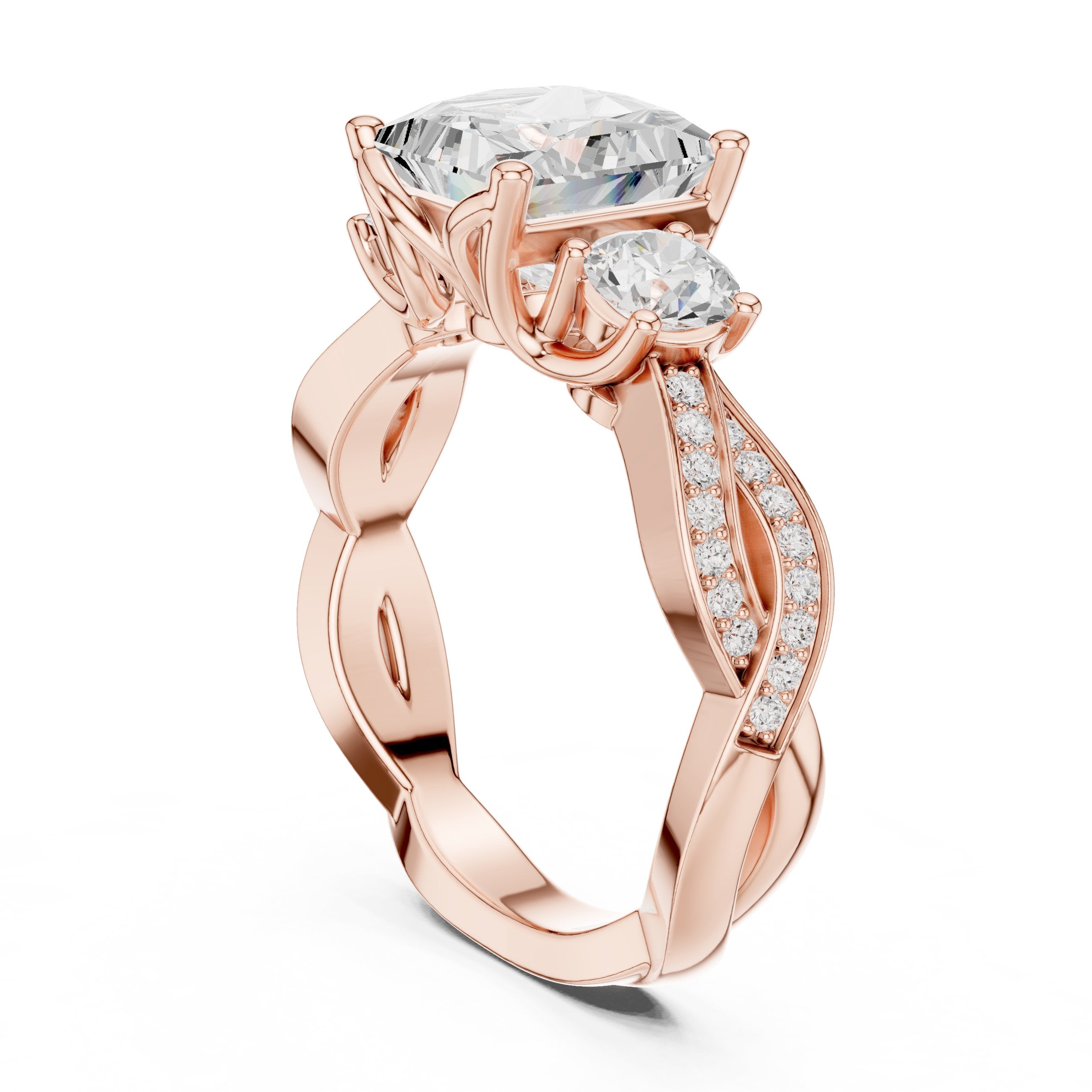 Princess Cut Three Stone Engagement Ring with Round Sides and Twisted Vine Pavé Band in Rose Gold - VYKA Diamonds