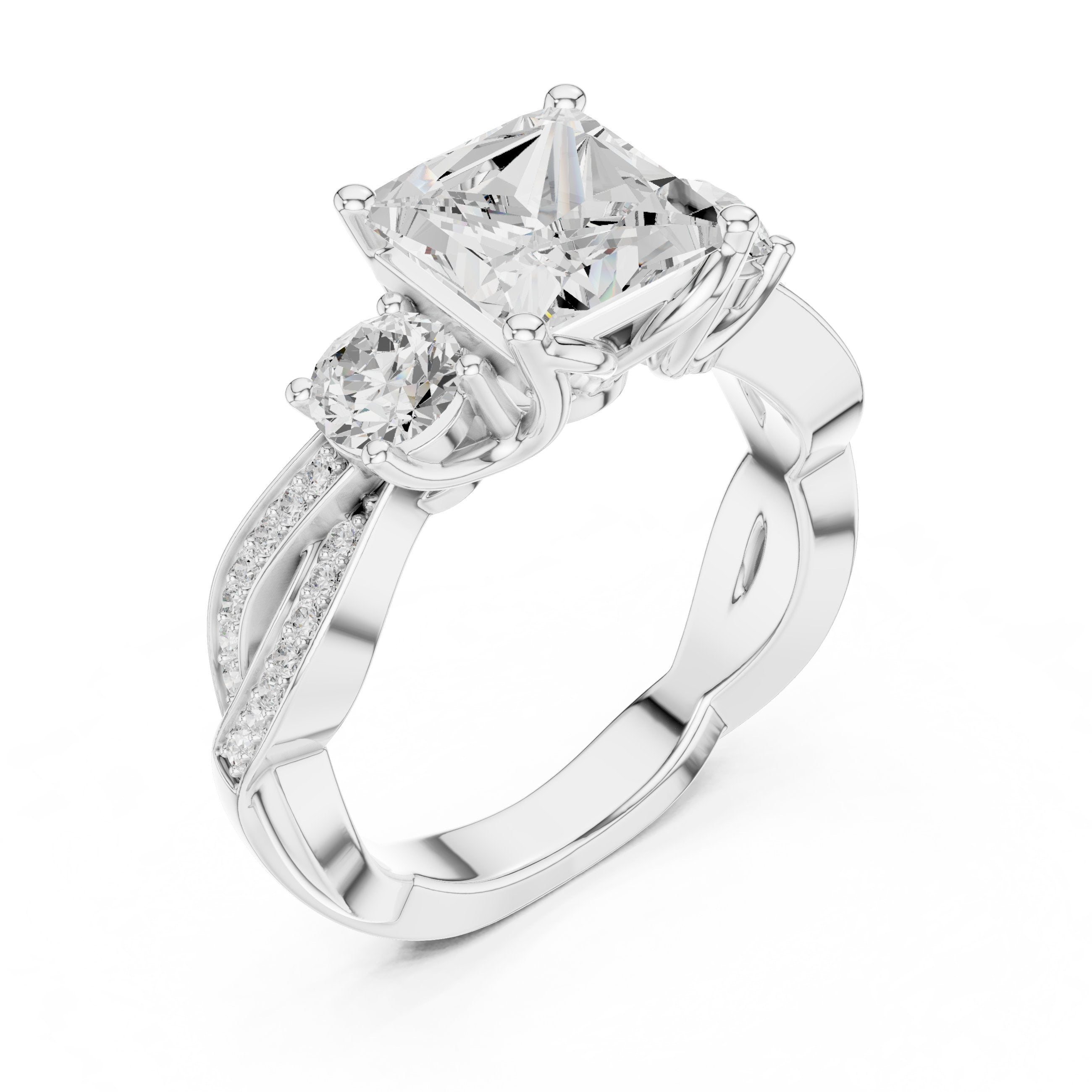 Princess Cut Three Stone Engagement Ring with Round Sides and Twisted Vine Pavé Band in White Gold - VYKA Diamonds