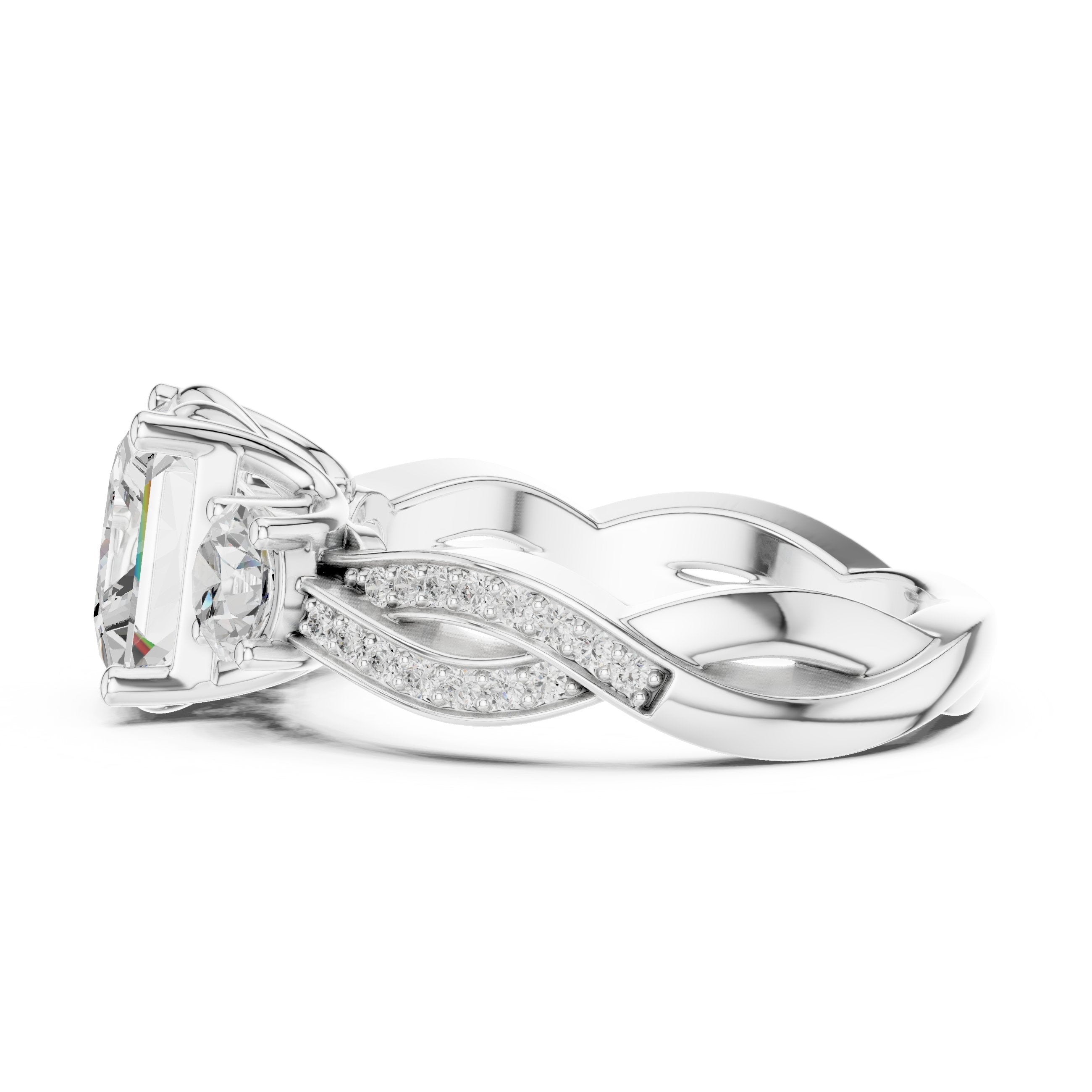 Princess Cut Three Stone Engagement Ring with Round Sides and Twisted Vine Pavé Band in White Gold - VYKA Diamonds