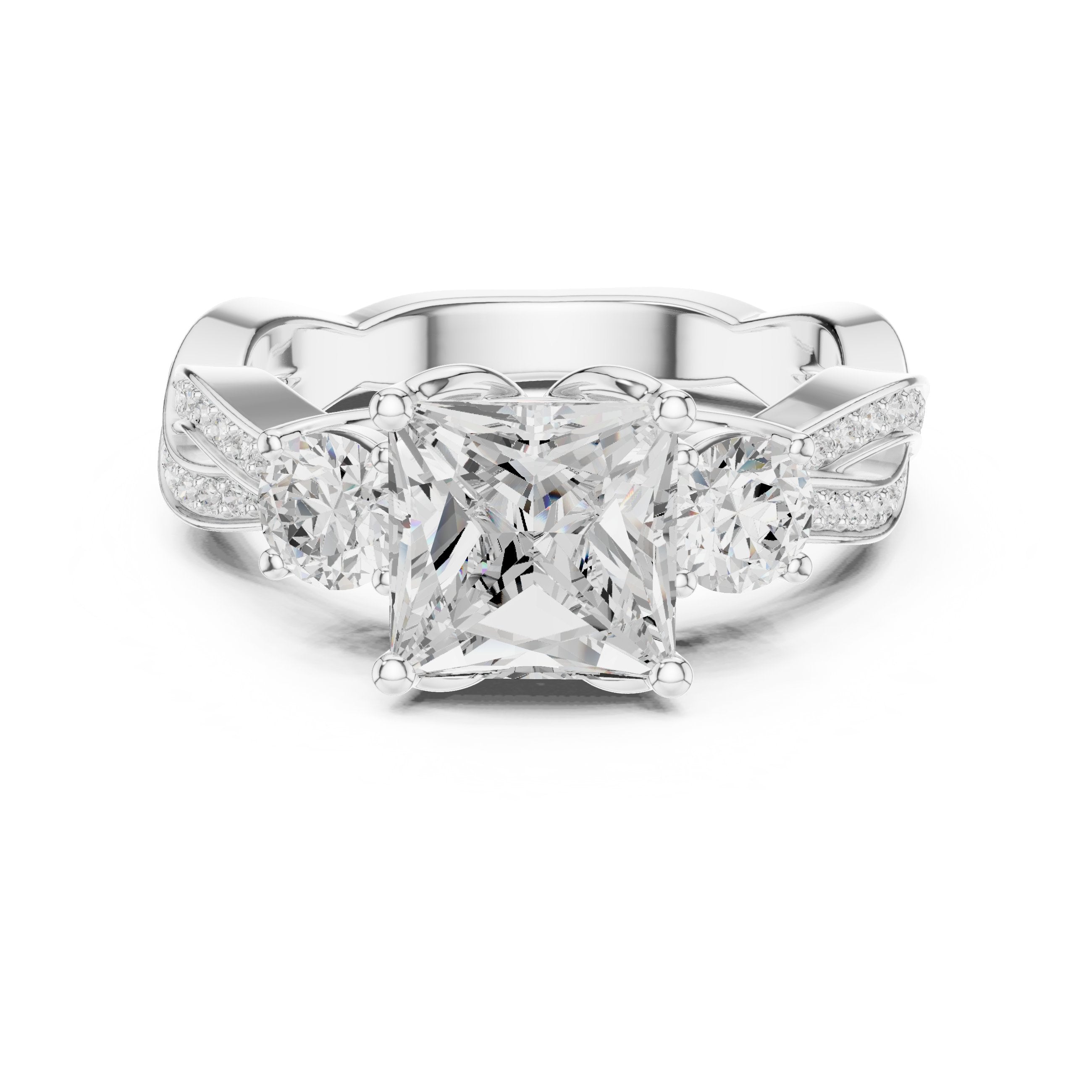 Princess Cut Three Stone Engagement Ring with Round Sides and Twisted Vine Pavé Band in White Gold - VYKA Diamonds