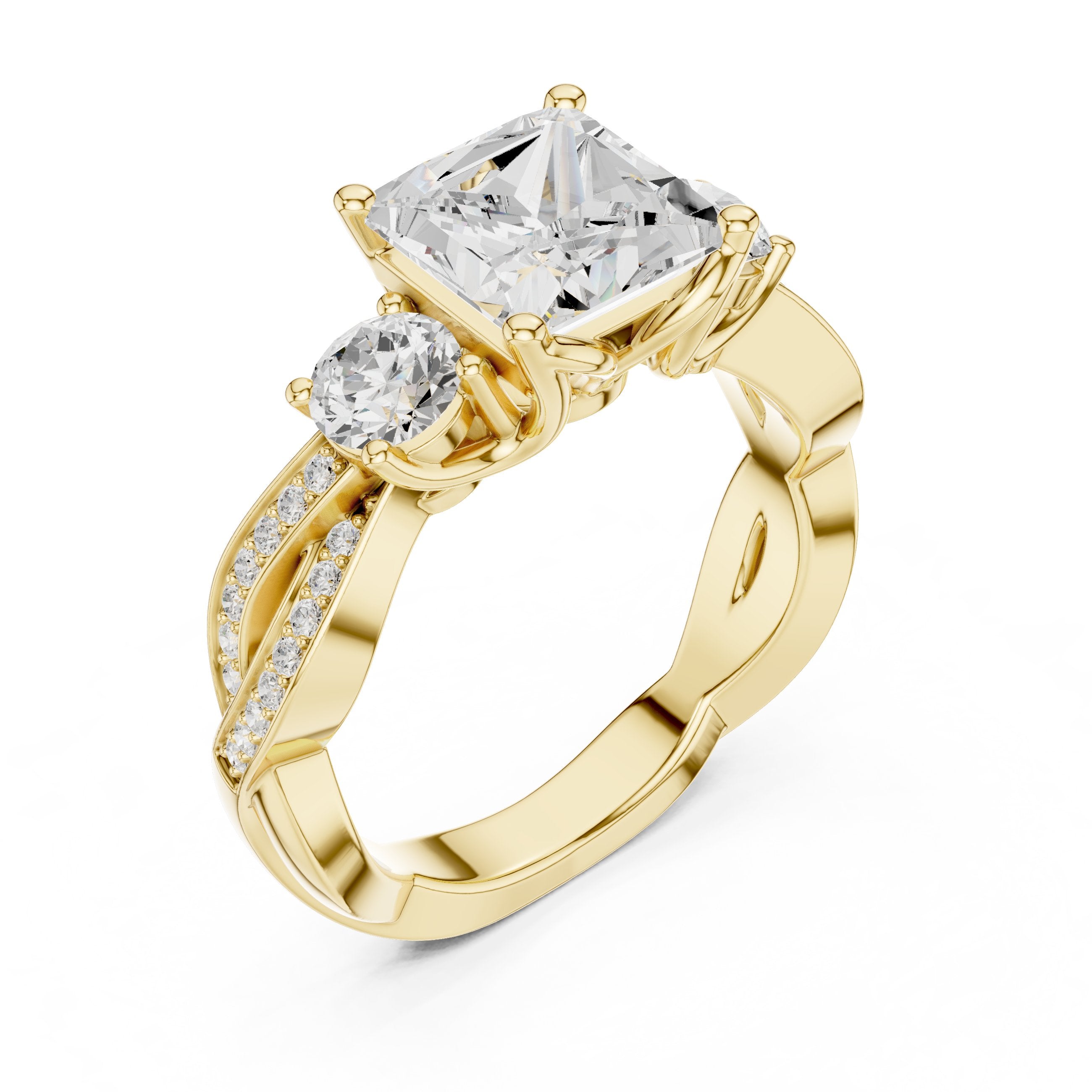 Princess Cut Three Stone Engagement Ring with Round Sides and Twisted Vine Pavé Band in Yellow Gold - VYKA Diamonds
