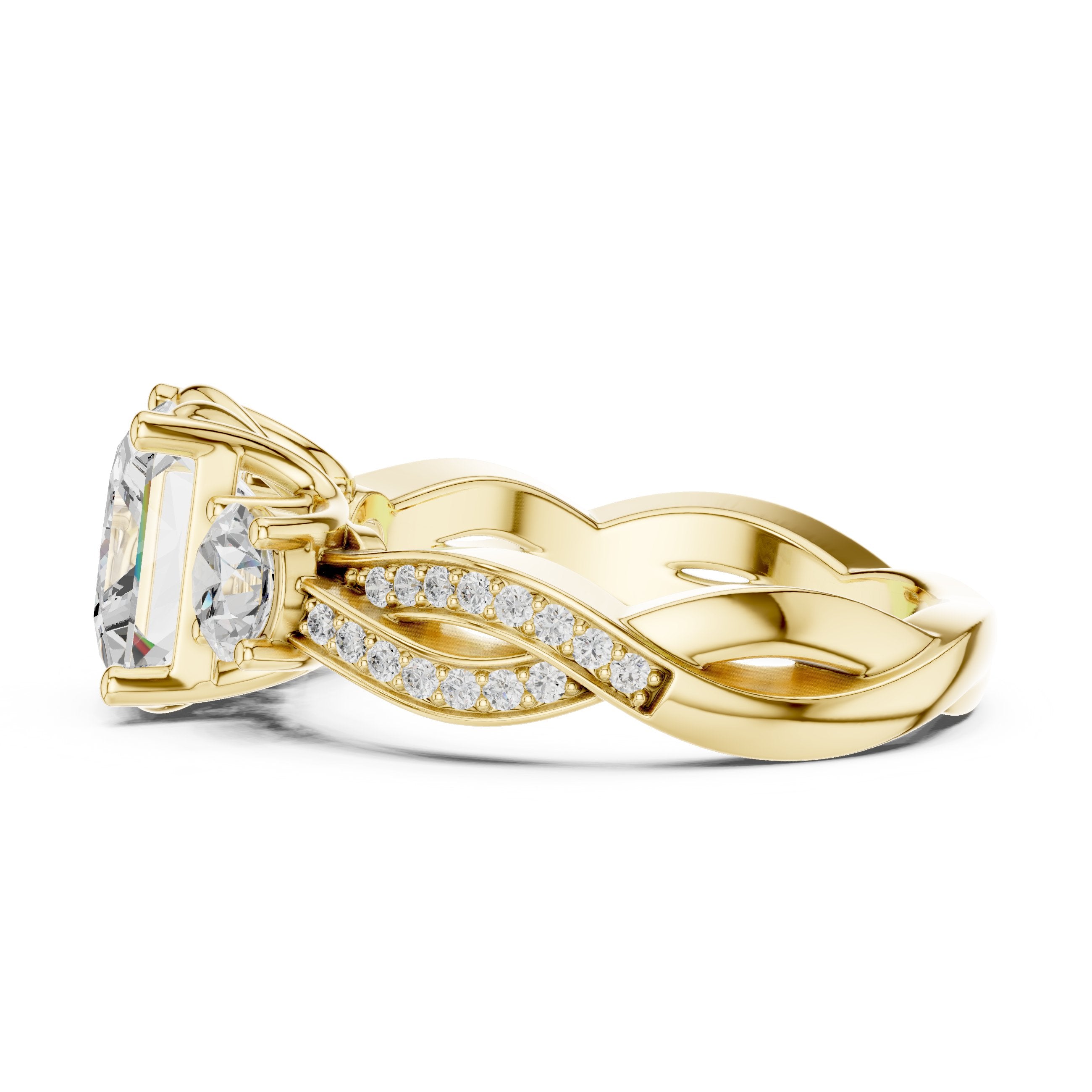 Princess Cut Three Stone Engagement Ring with Round Sides and Twisted Vine Pavé Band in Yellow Gold - VYKA Diamonds