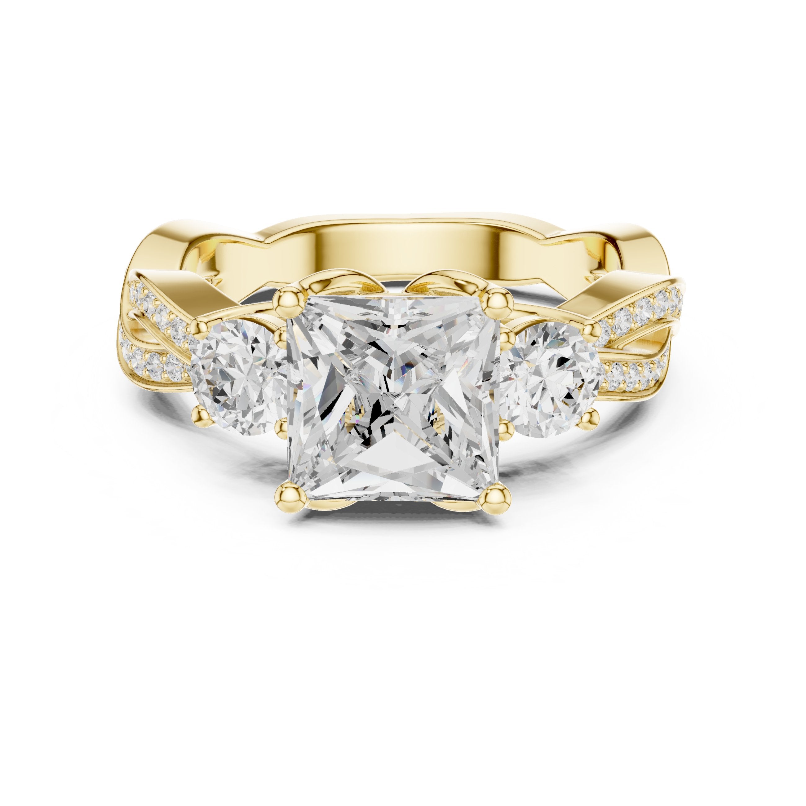 Princess Cut Three Stone Engagement Ring with Round Sides and Twisted Vine Pavé Band in Yellow Gold - VYKA Diamonds