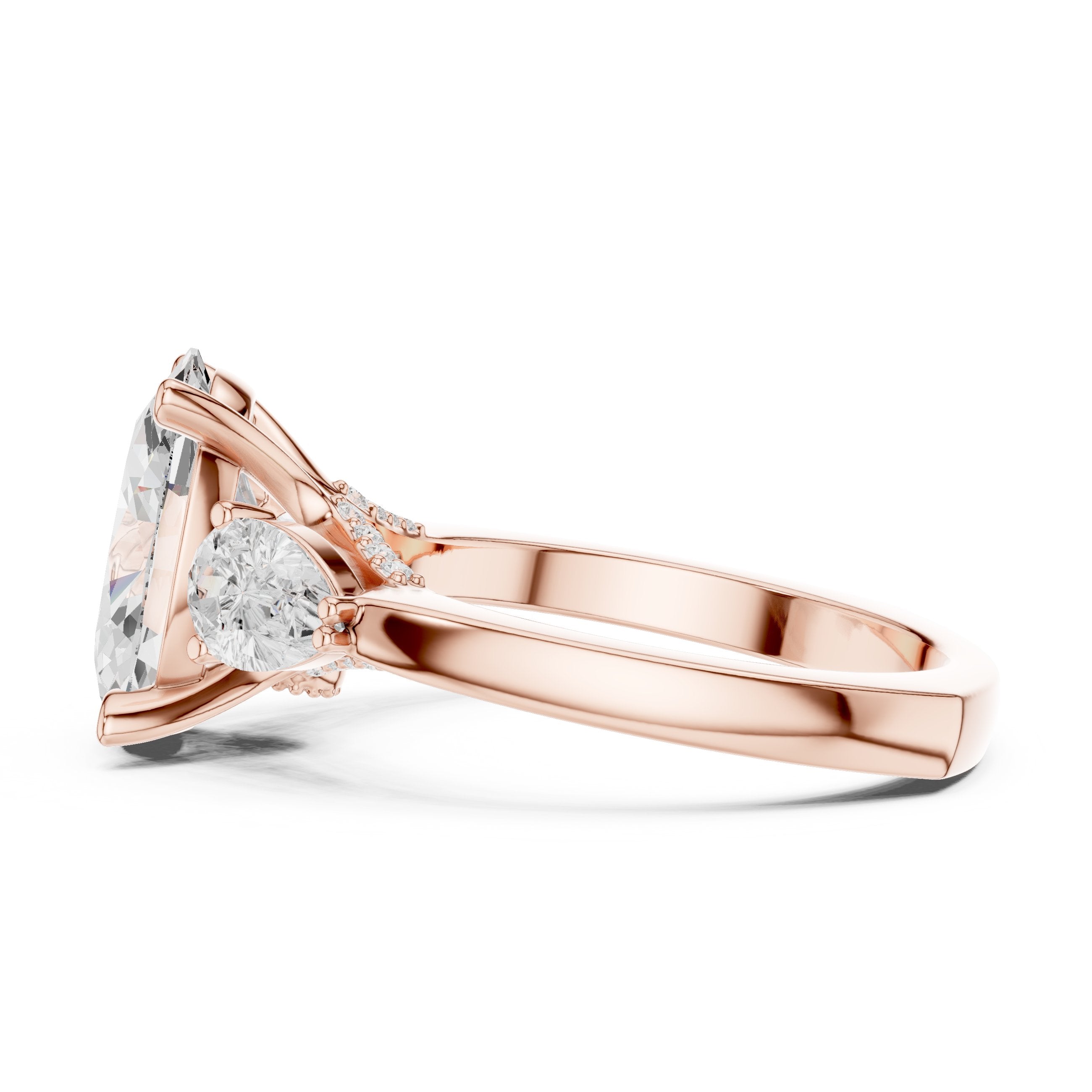 Oval Diamond Three Stone Engagement Ring with Pear Sides in Rose Gold - VYKA Diamonds