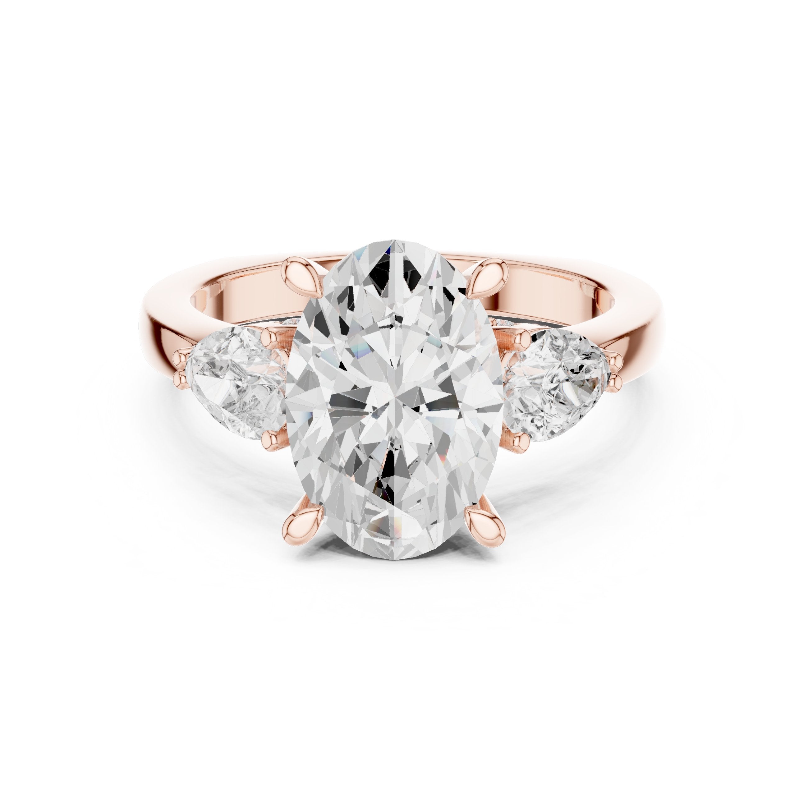Oval Diamond Three Stone Engagement Ring with Pear Sides in Rose Gold - VYKA Diamonds