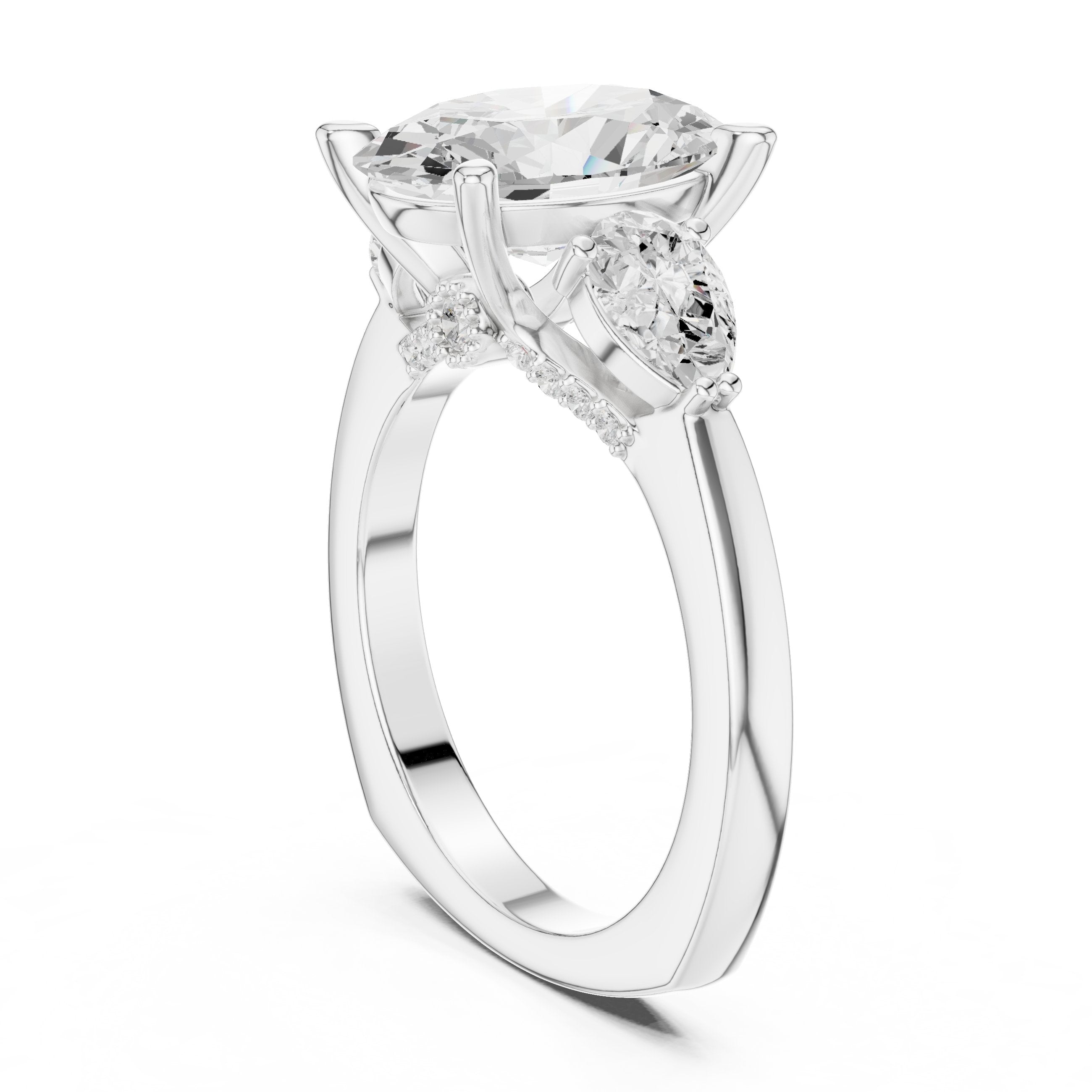 Oval Diamond Three Stone Engagement Ring with Pear Sides in White Gold - VYKA Diamonds