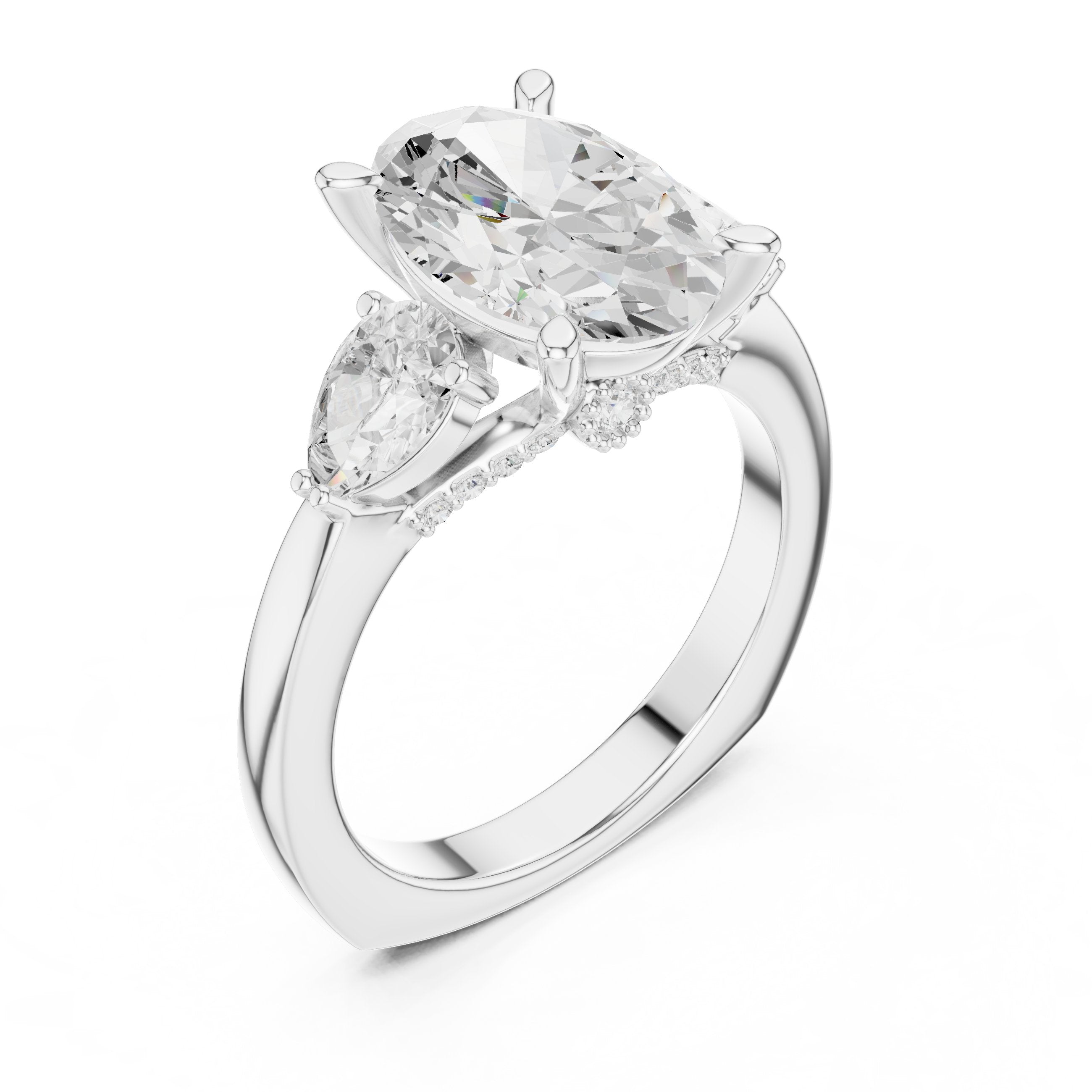 Oval Diamond Three Stone Engagement Ring with Pear Sides in White Gold - VYKA Diamonds
