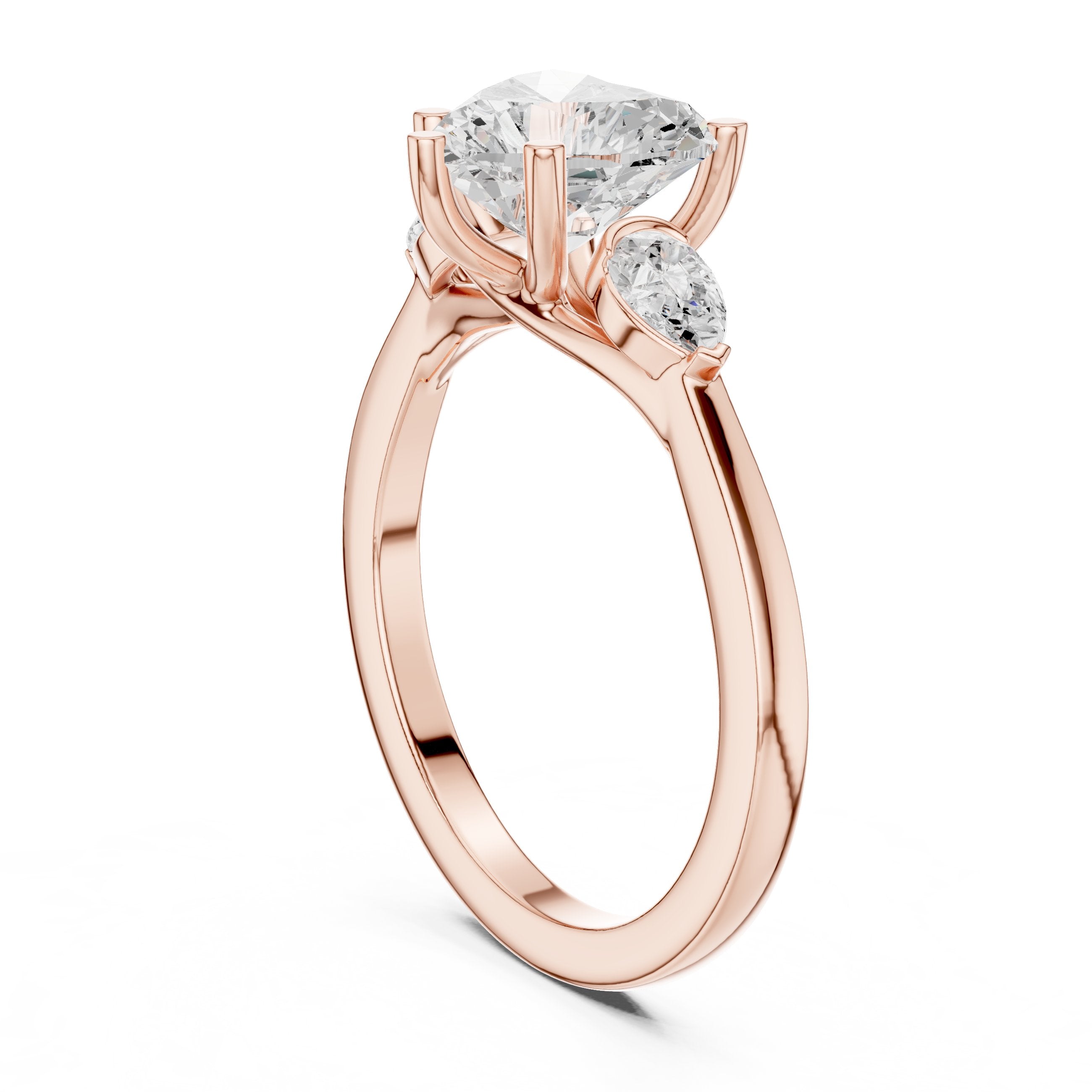 Heart Cut Three Stone Engagement Ring with Pear Sides in Rose Gold - VYKA Diamonds