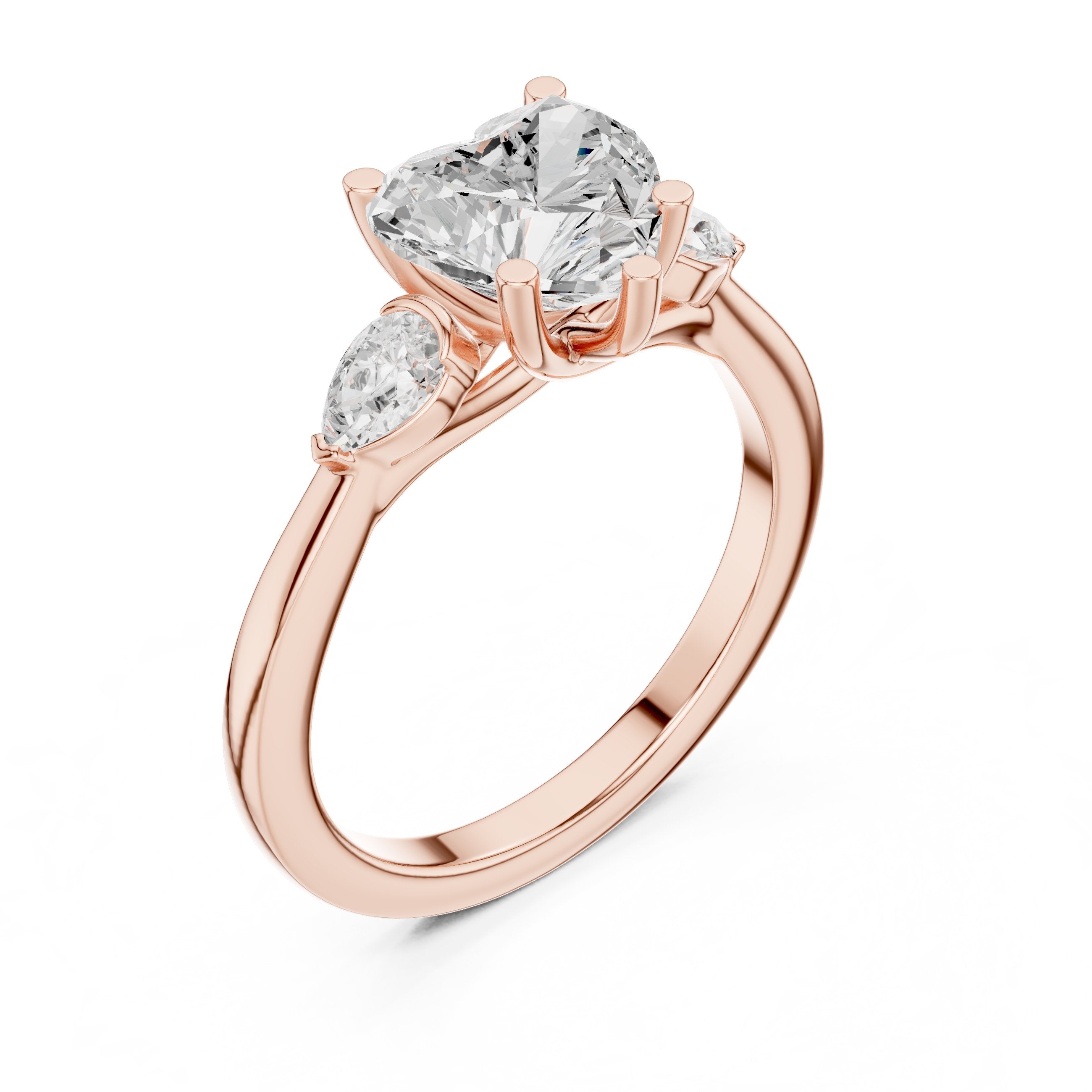 Heart Cut Three Stone Engagement Ring with Pear Sides in Rose Gold - VYKA Diamonds