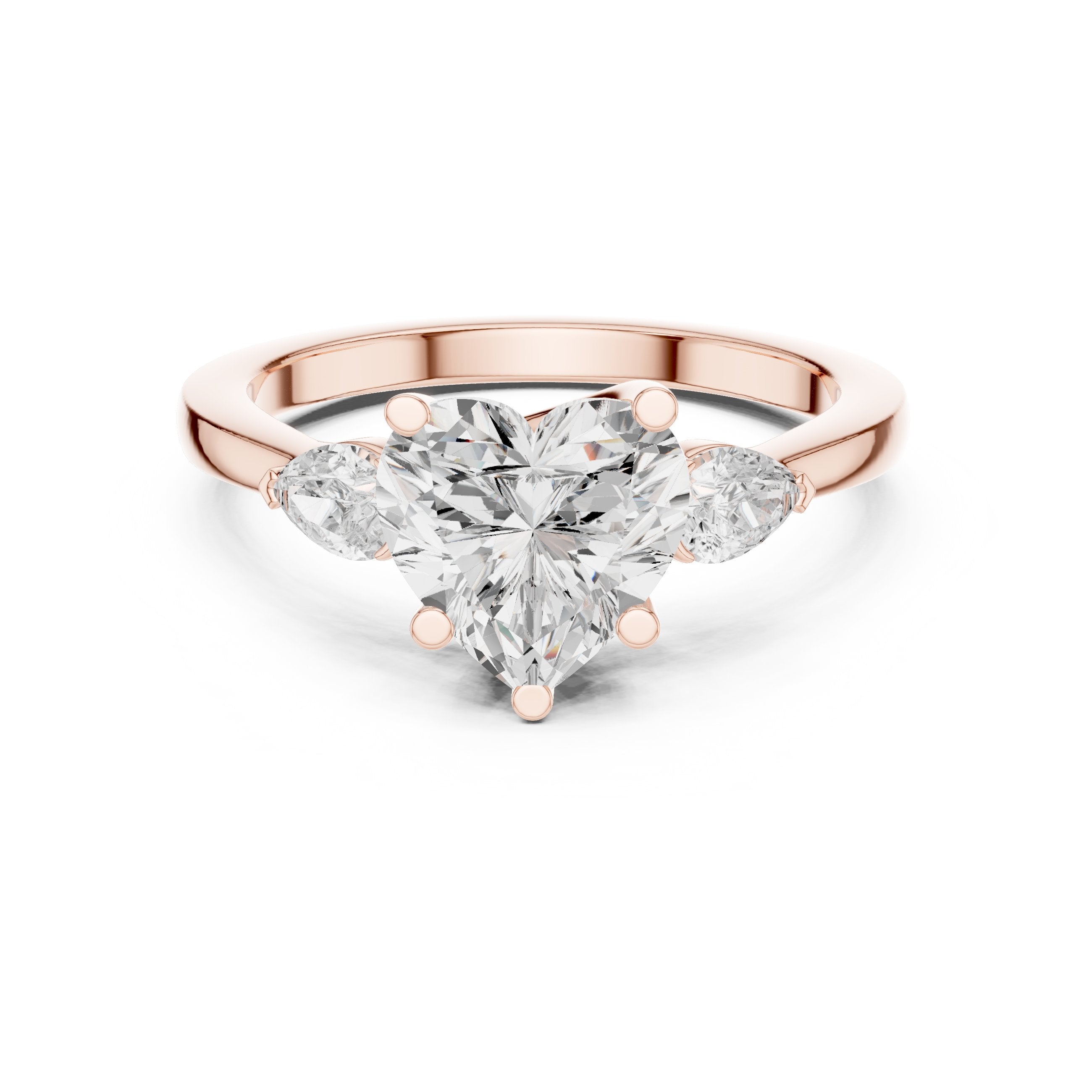 Heart Cut Three Stone Engagement Ring with Pear Sides in Rose Gold - VYKA Diamonds
