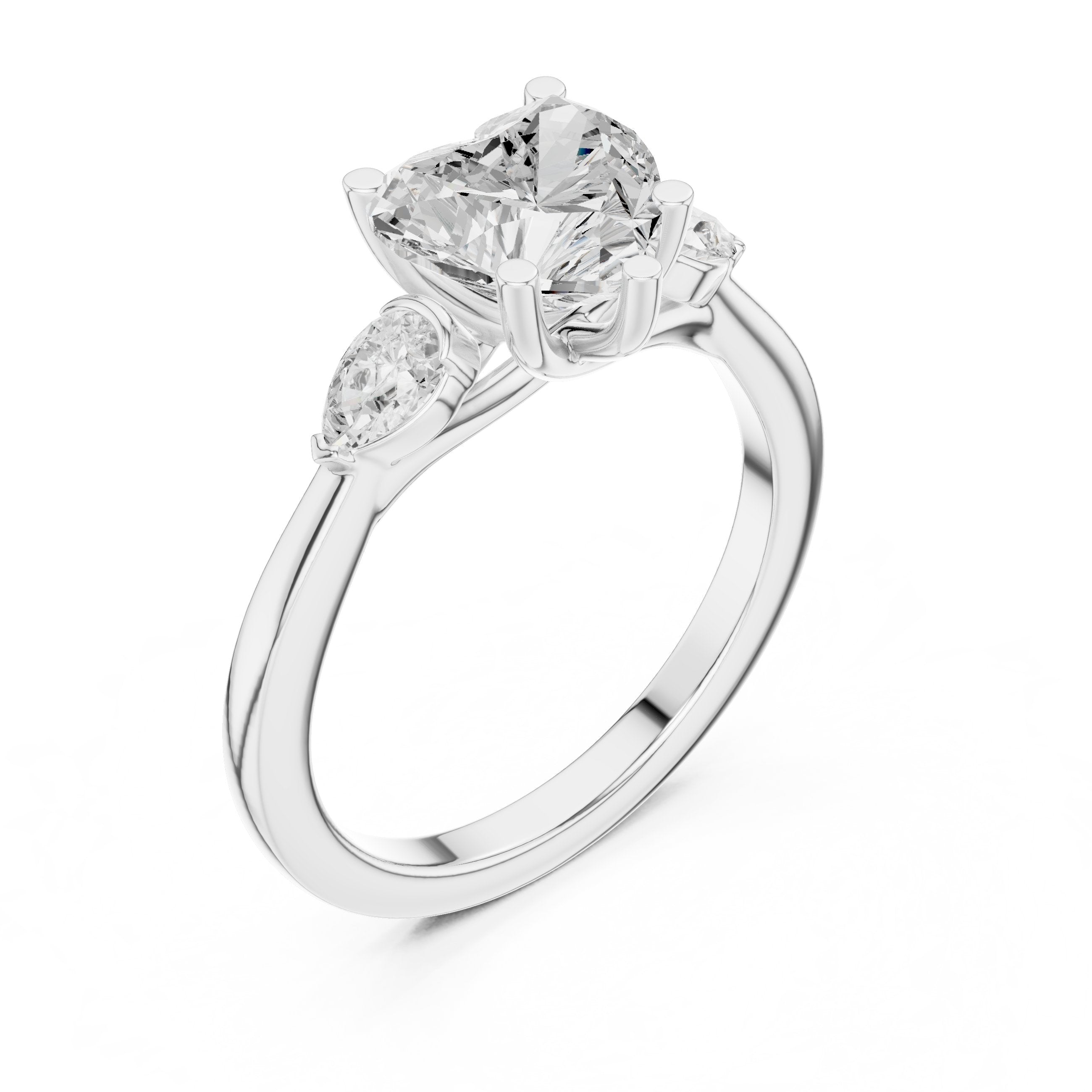 Heart Cut Three Stone Engagement Ring with Pear Sides in White Gold - VYKA Diamonds