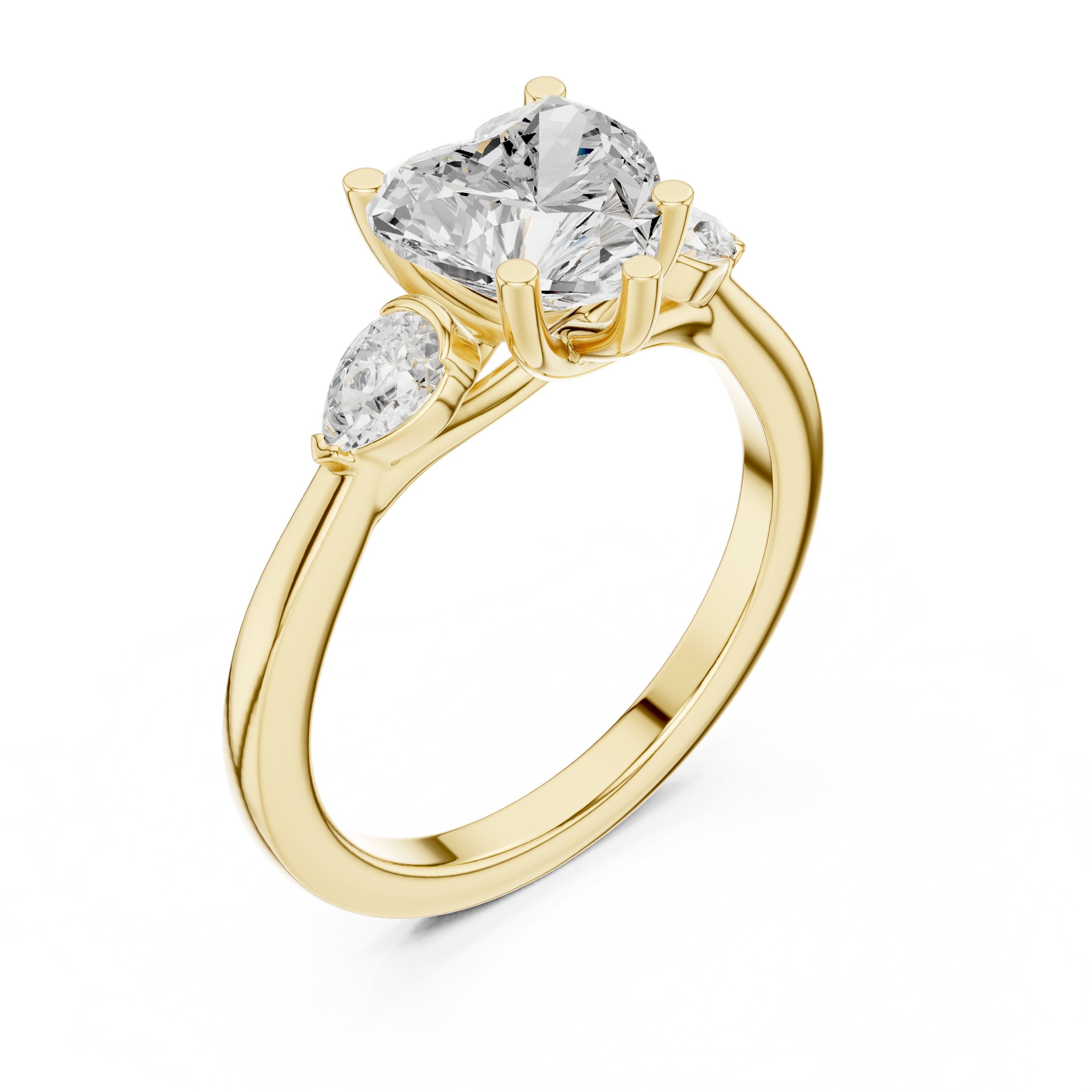 Heart Cut Three Stone Engagement Ring with Pear Sides in Yellow Gold - VYKA Diamonds