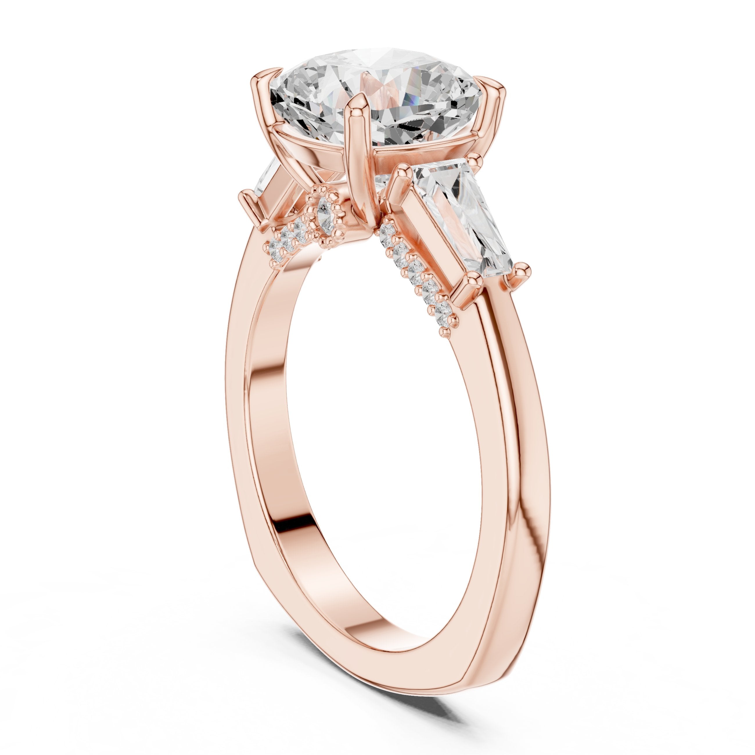 Cushion Cut Engagement Ring with Tapered Baguette Side Accents in Rose Gold - VYKA Diamonds
