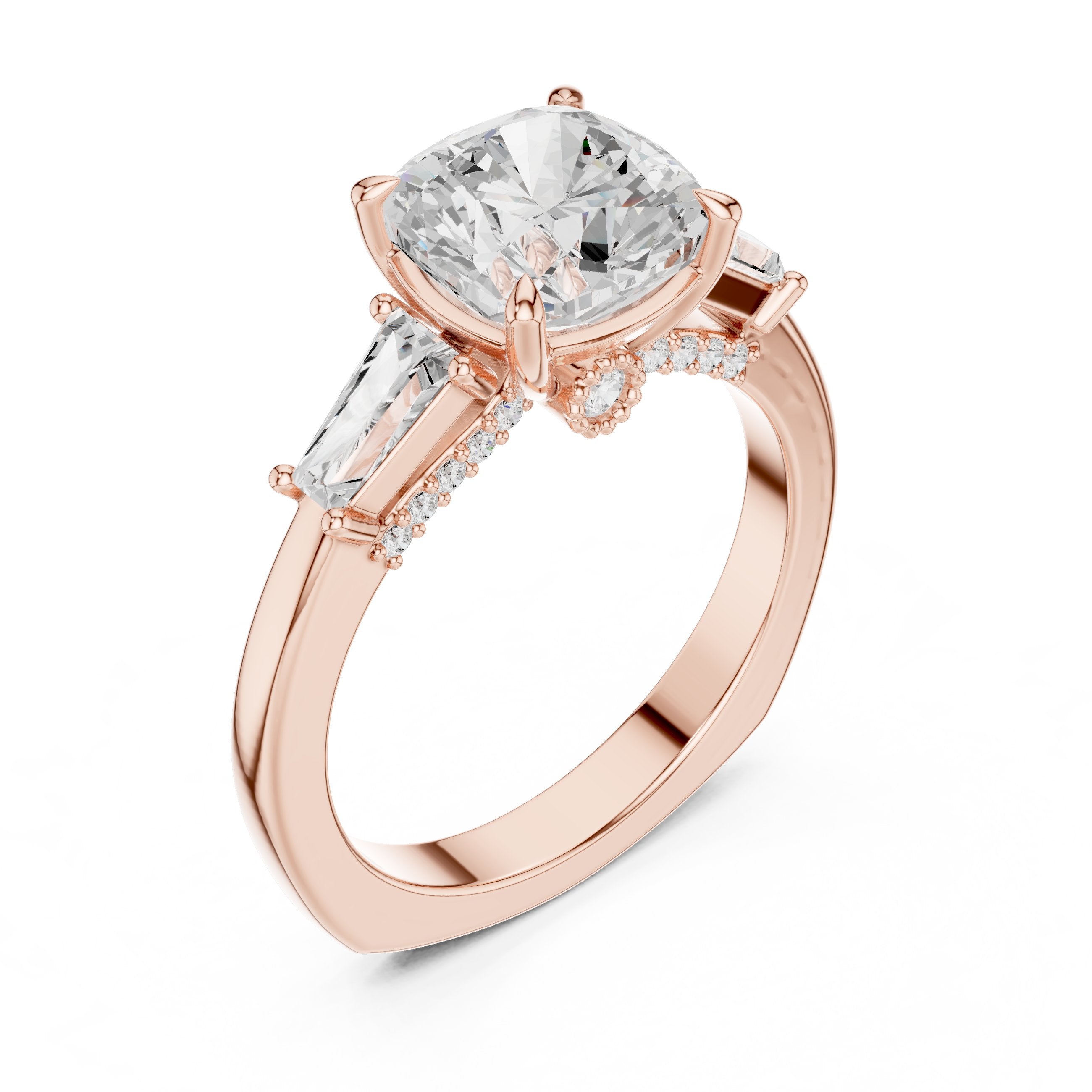 Cushion Cut Engagement Ring with Tapered Baguette Side Accents in Rose Gold - VYKA Diamonds