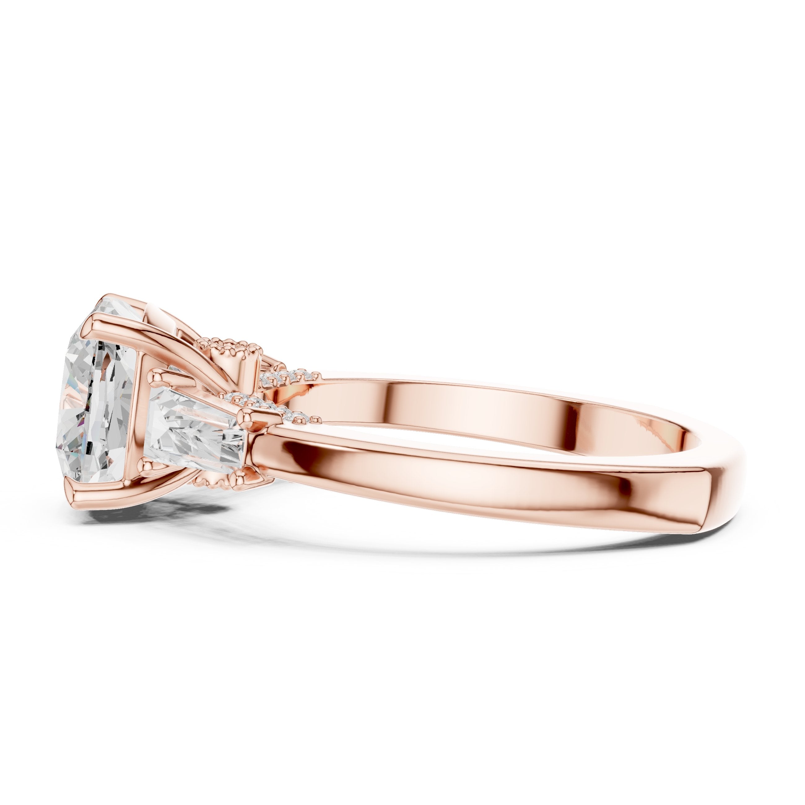 Cushion Cut Engagement Ring with Tapered Baguette Side Accents in Rose Gold - VYKA Diamonds
