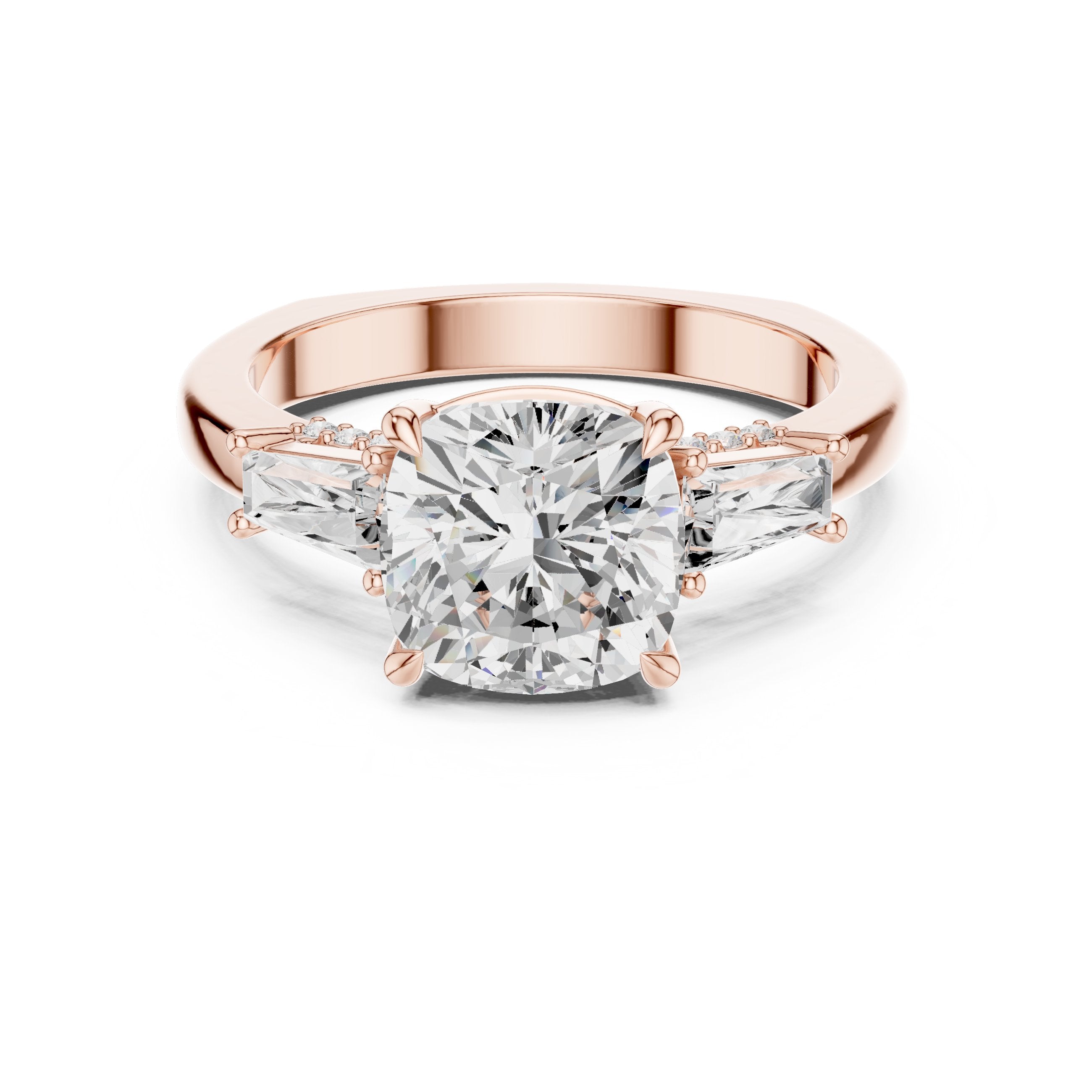 Cushion Cut Engagement Ring with Tapered Baguette Side Accents in Rose Gold - VYKA Diamonds