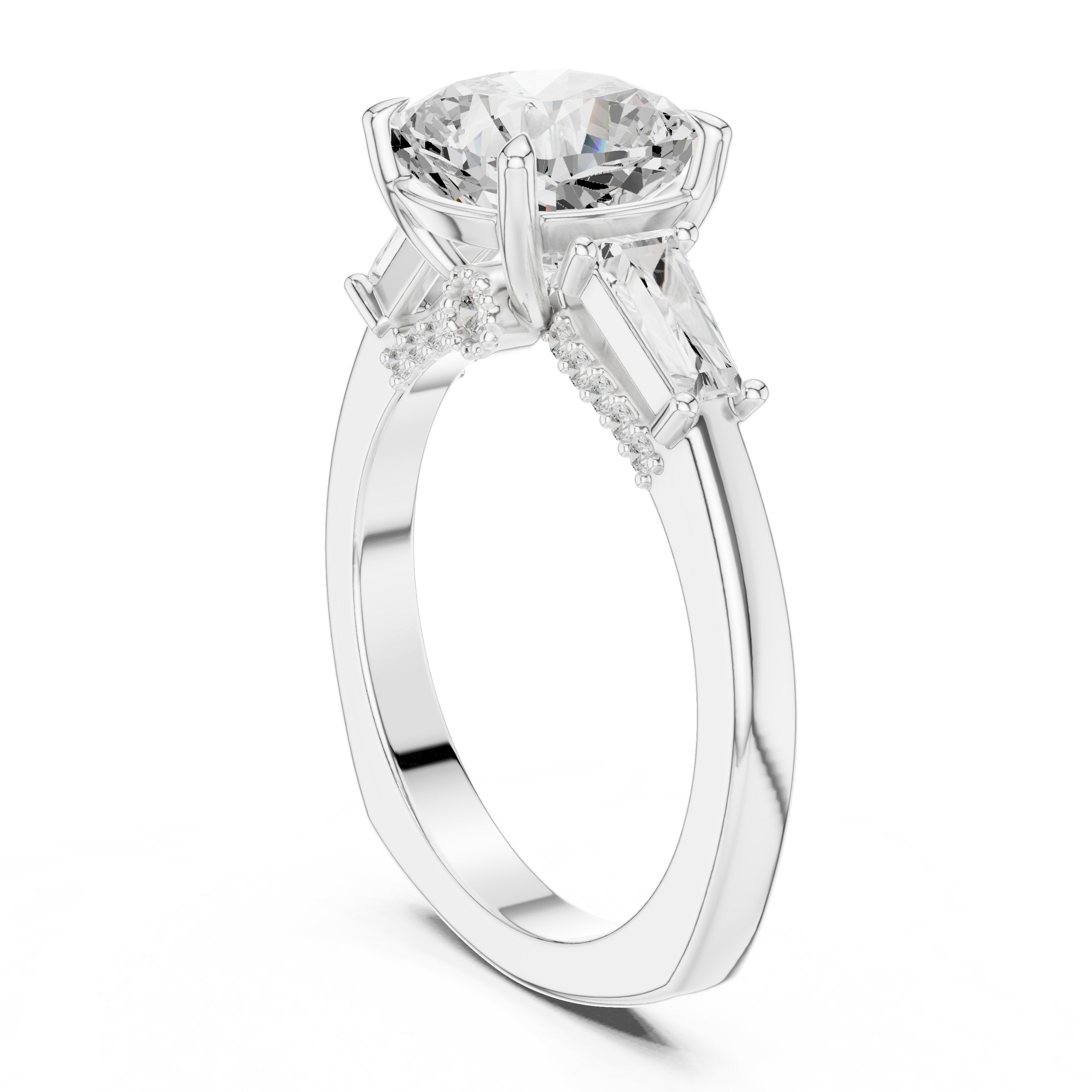 Cushion Cut Engagement Ring with Tapered Baguette Side Accents in White Gold - VYKA Diamonds