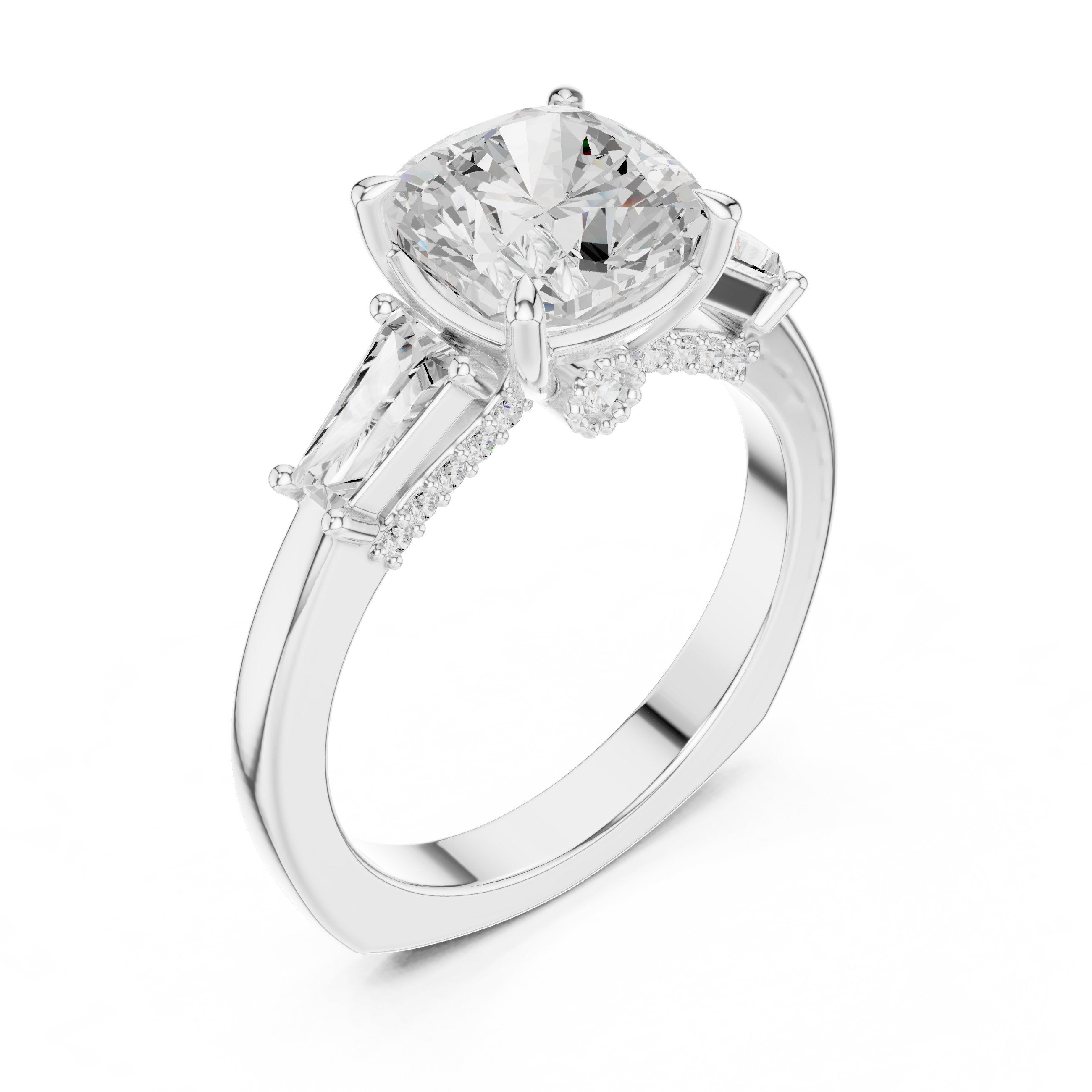 Cushion Cut Engagement Ring with Tapered Baguette Side Accents in White Gold - VYKA Diamonds