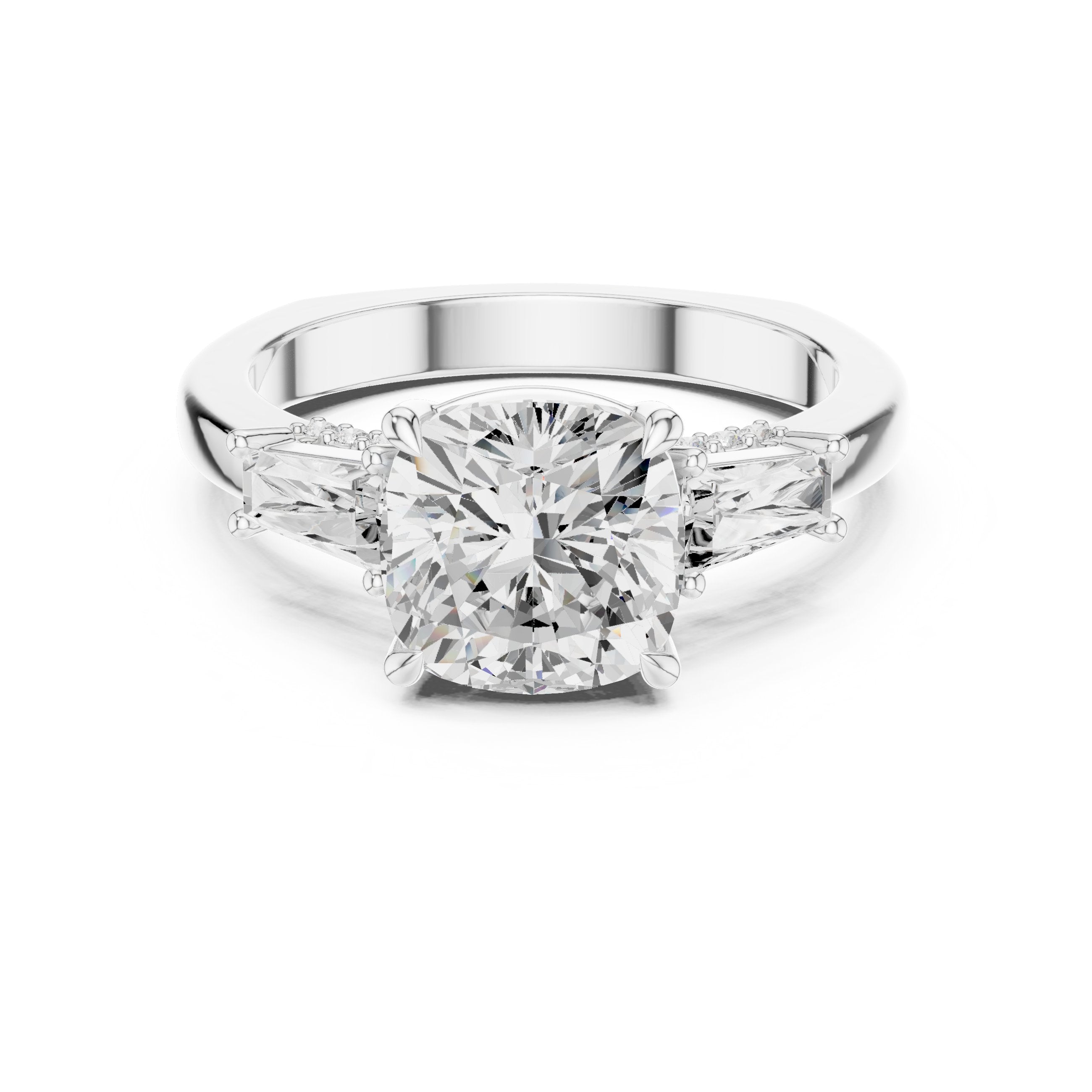 Cushion Cut Engagement Ring with Tapered Baguette Side Accents in White Gold - VYKA Diamonds
