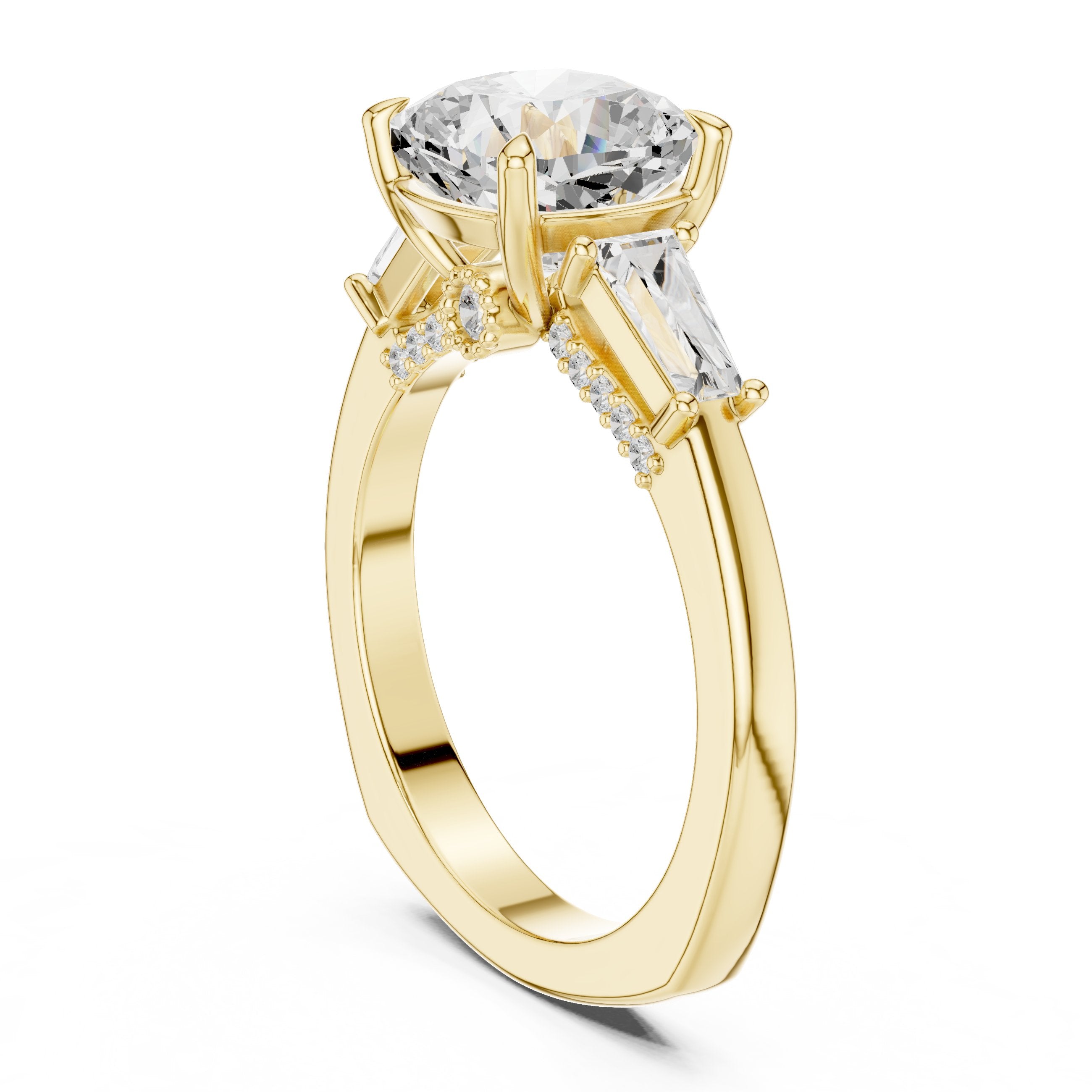 Cushion Cut Engagement Ring with Tapered Baguette Side Accents in Yellow Gold - VYKA Diamonds