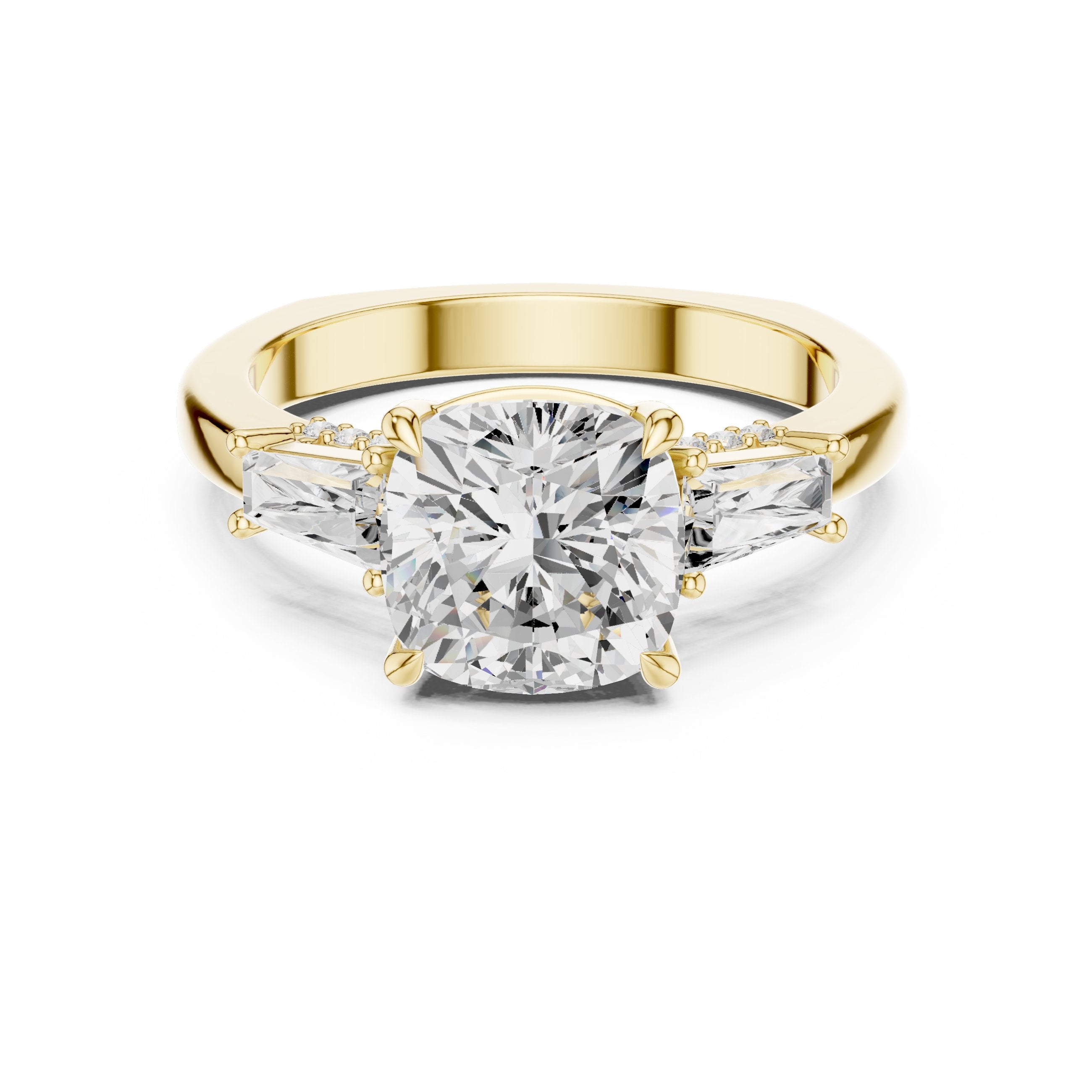 Cushion Cut Engagement Ring with Tapered Baguette Side Accents in Yellow Gold - VYKA Diamonds
