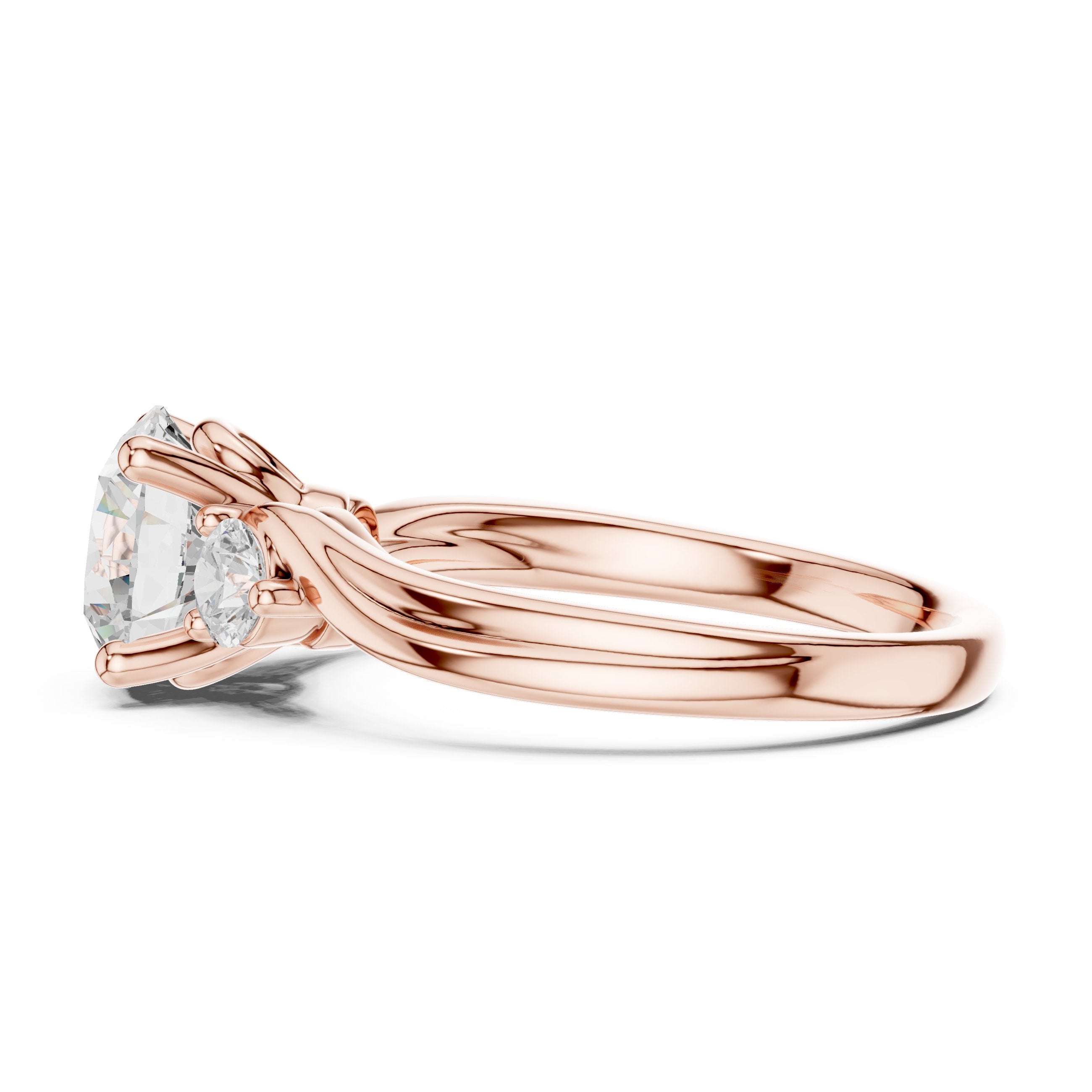 Round Diamond Three Stone Engagement Ring with Bypass Shank in Rose Gold - VYKA Diamonds