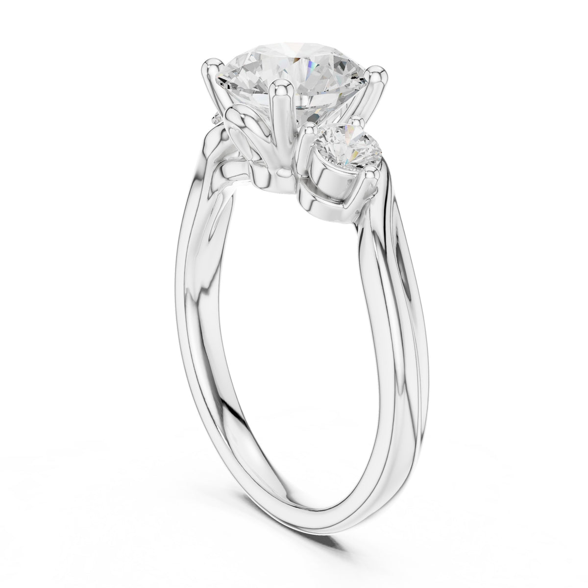 Round Diamond Three Stone Engagement Ring with Bypass Shank