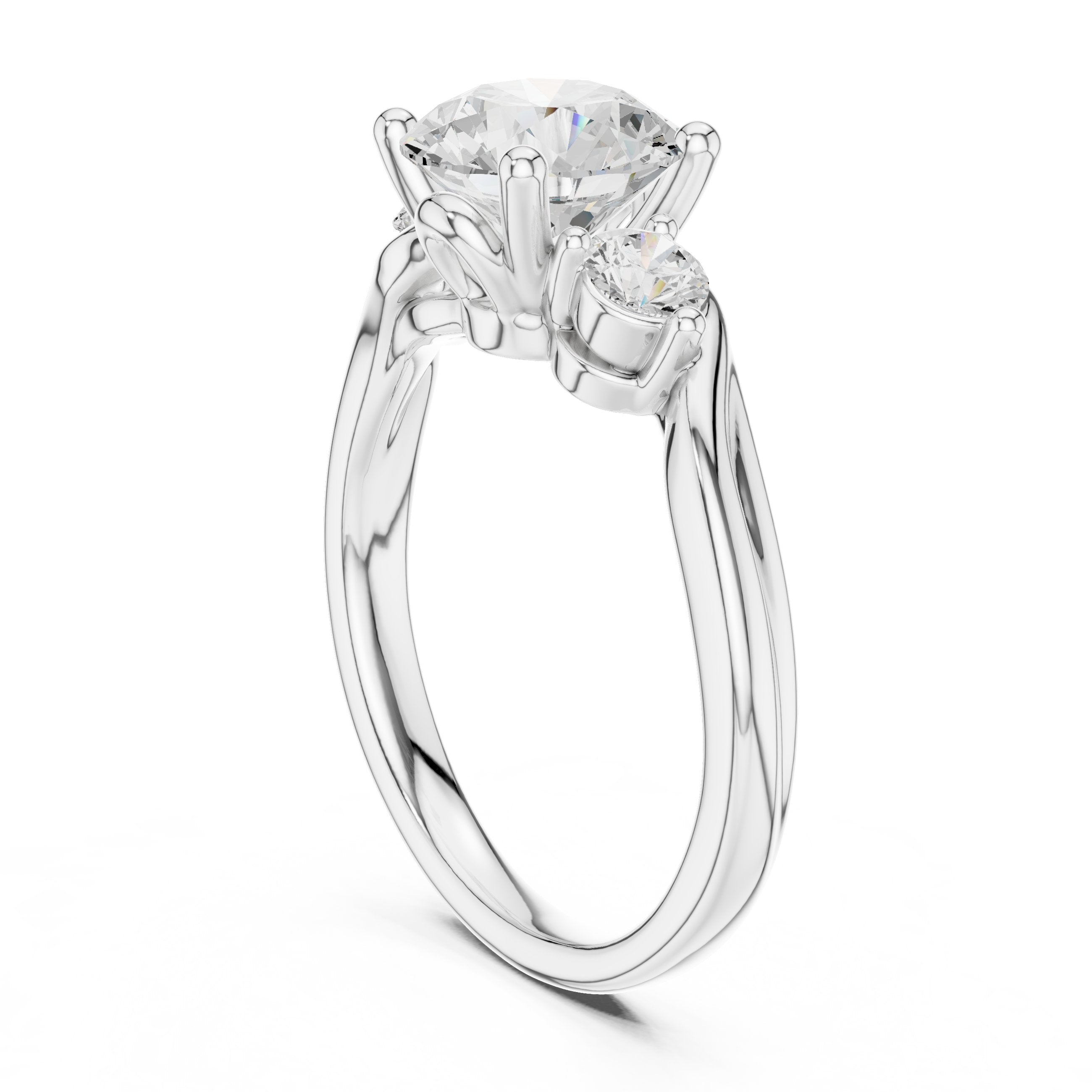 Round Diamond Three Stone Engagement Ring with Bypass Shank in White Gold - VYKA Diamonds