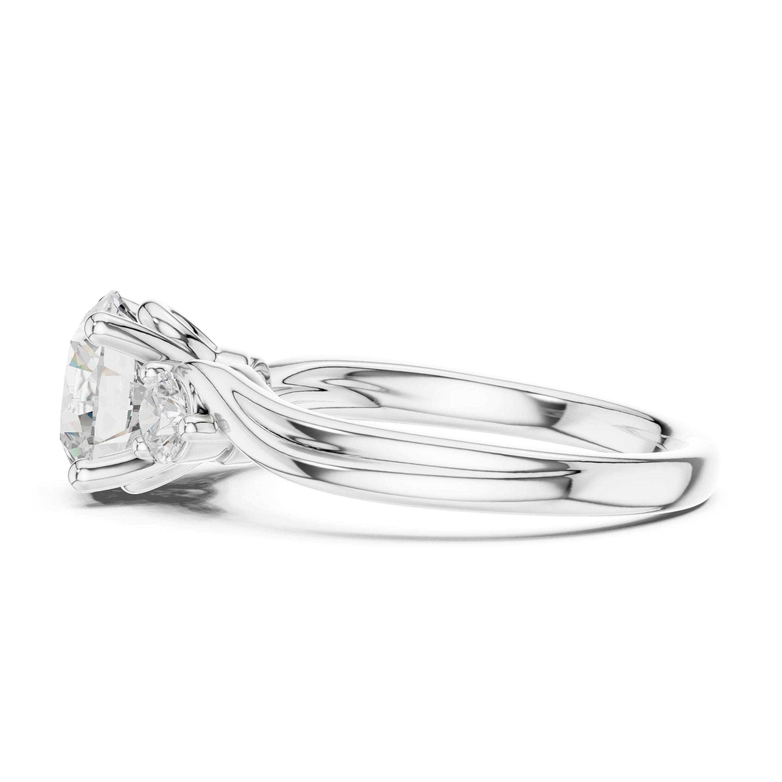 Round Diamond Three Stone Engagement Ring with Bypass Shank in White Gold - VYKA Diamonds