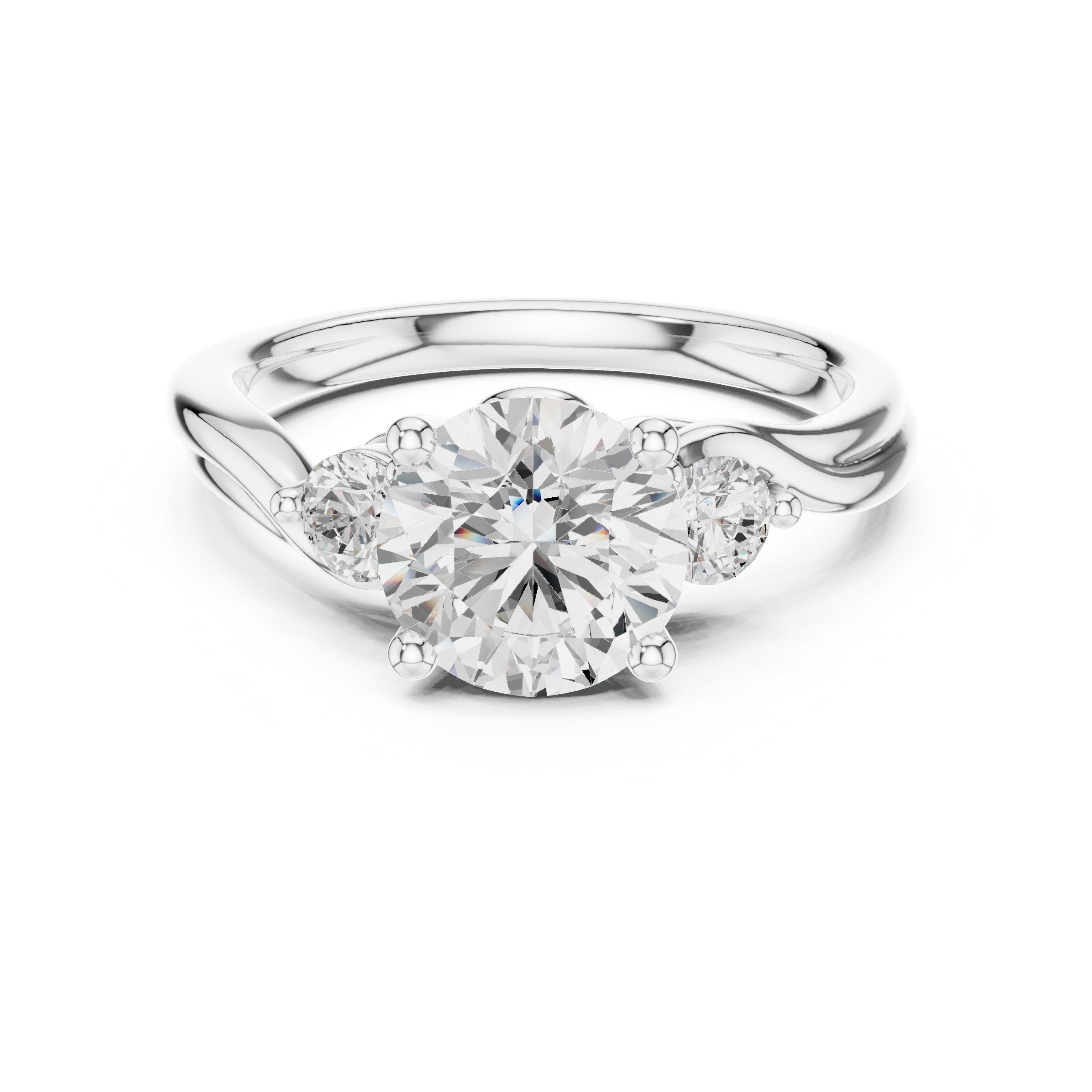 Round Diamond Three Stone Engagement Ring with Bypass Shank in White Gold - VYKA Diamonds