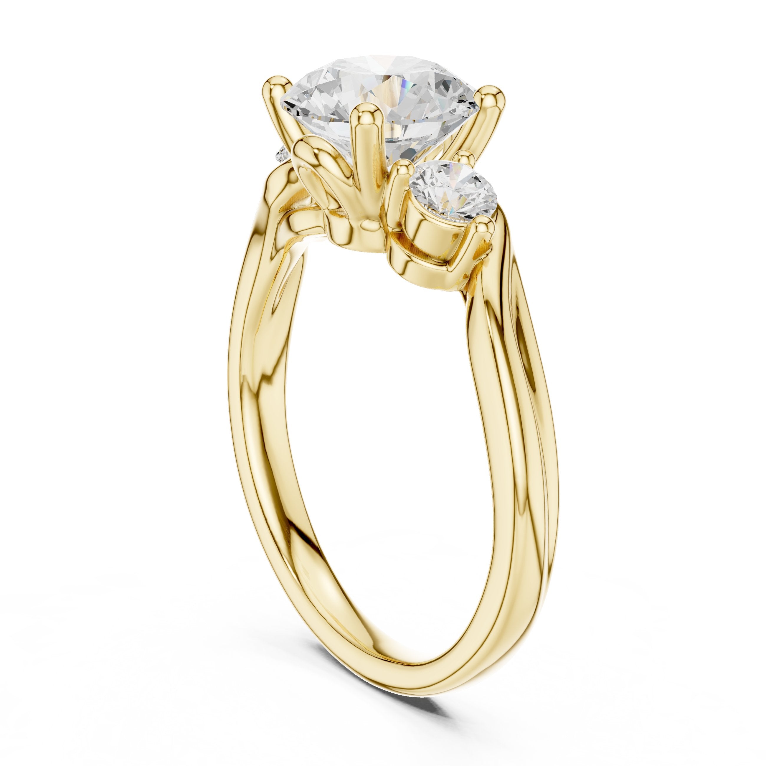 Round Diamond Three Stone Engagement Ring with Bypass Shank in Yellow Gold - VYKA Diamonds