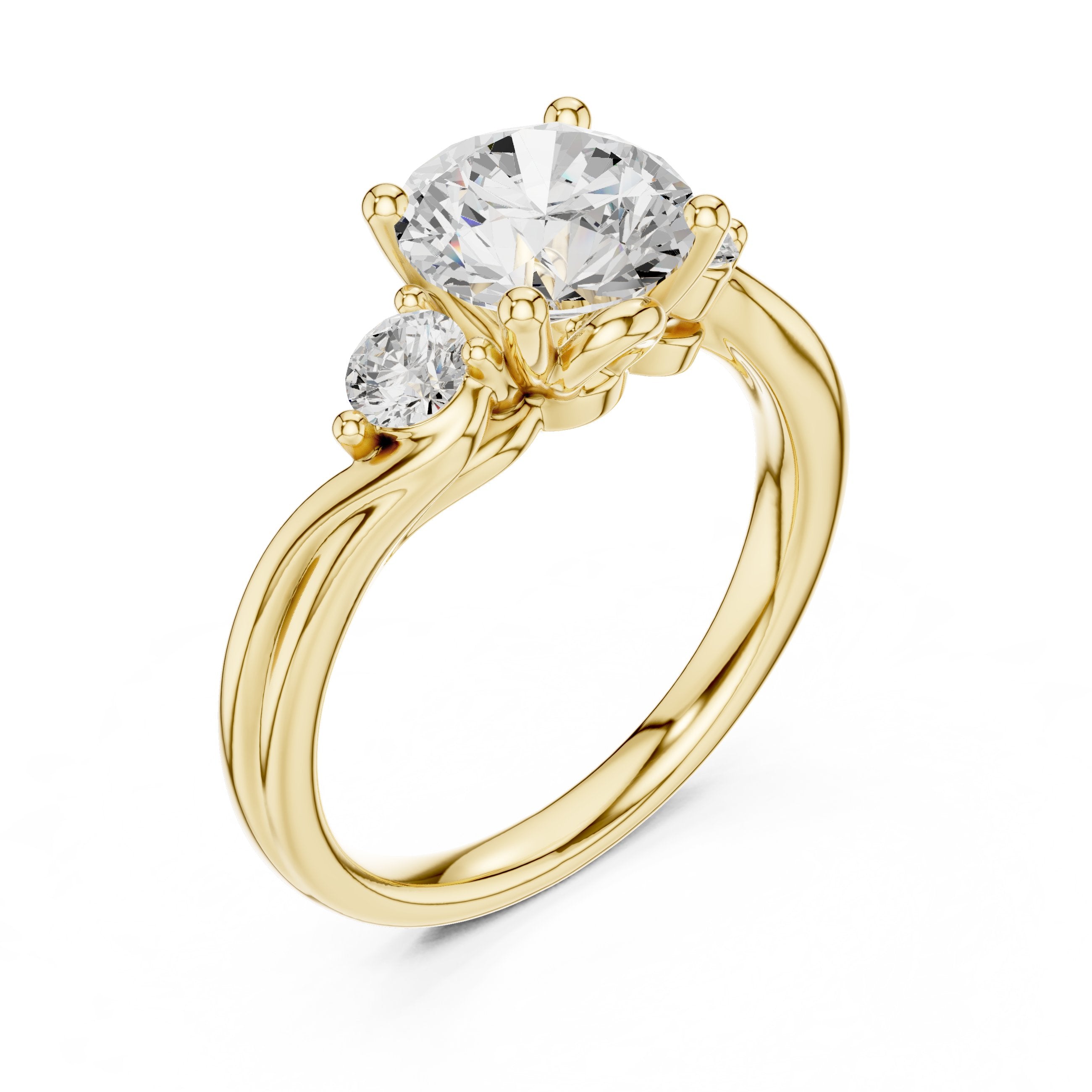Round Diamond Three Stone Engagement Ring with Bypass Shank in Yellow Gold - VYKA Diamonds