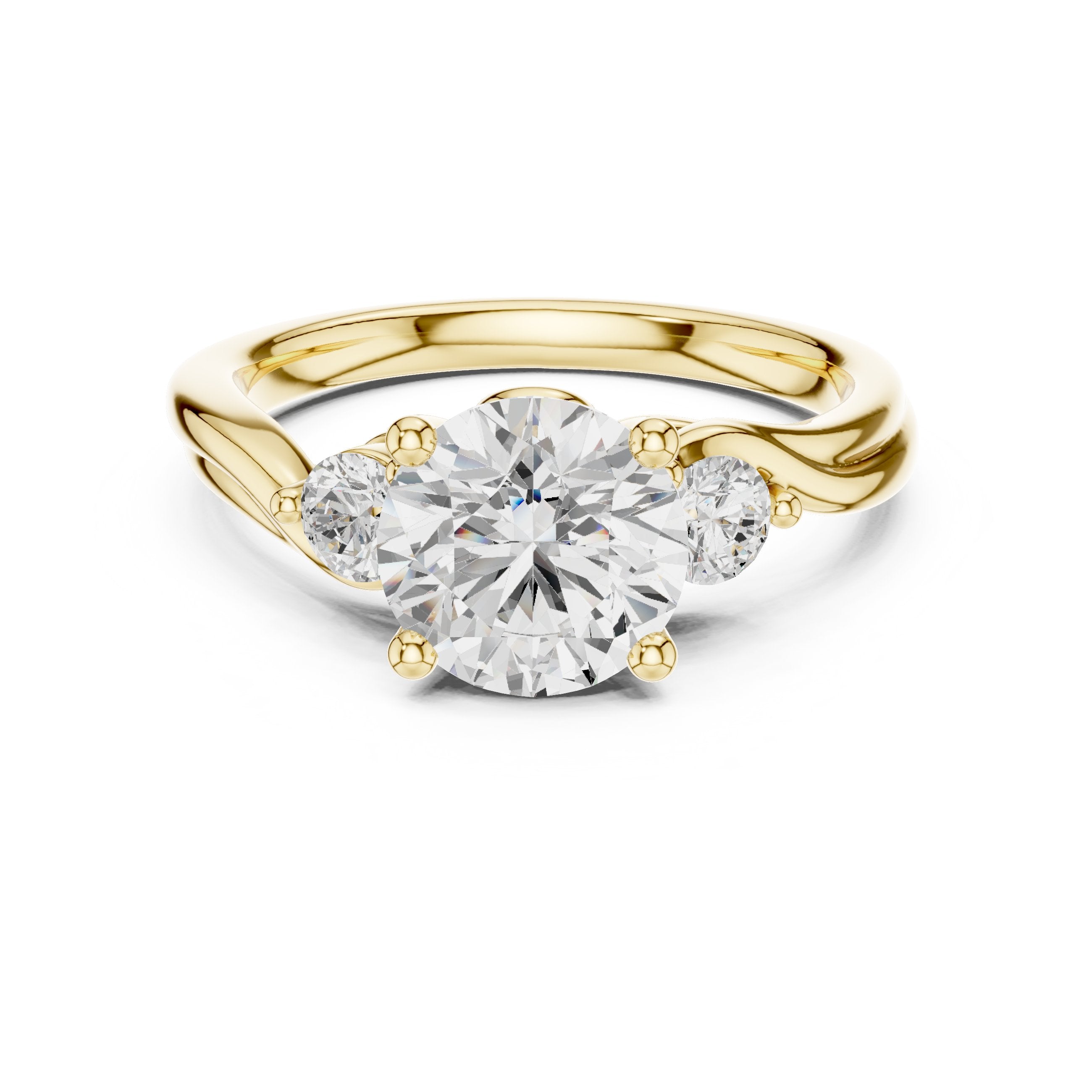 Round Diamond Three Stone Engagement Ring with Bypass Shank in Yellow Gold - VYKA Diamonds