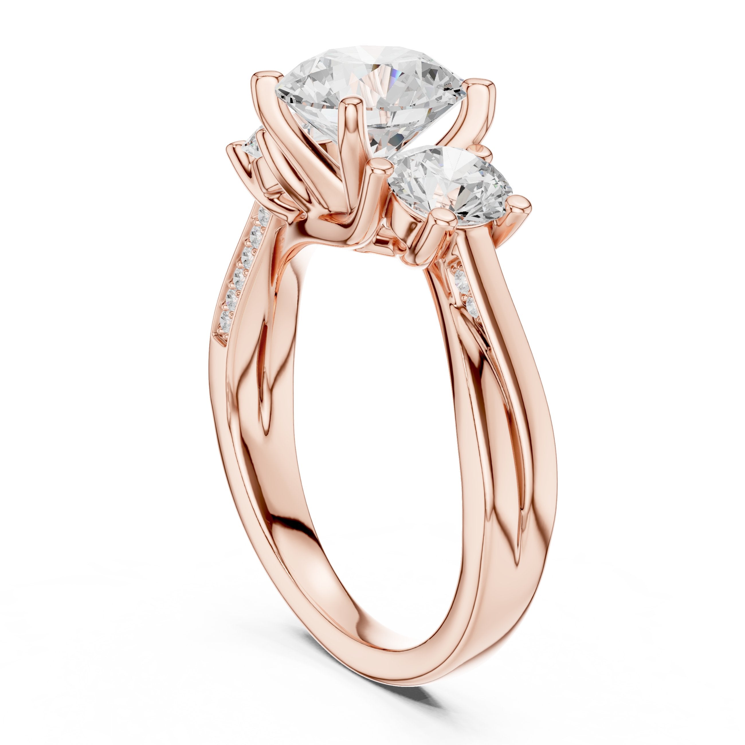 Round Diamond Three Stone Engagement Ring with Round Sides and Pavé Band in Rose Gold - VYKA Diamonds