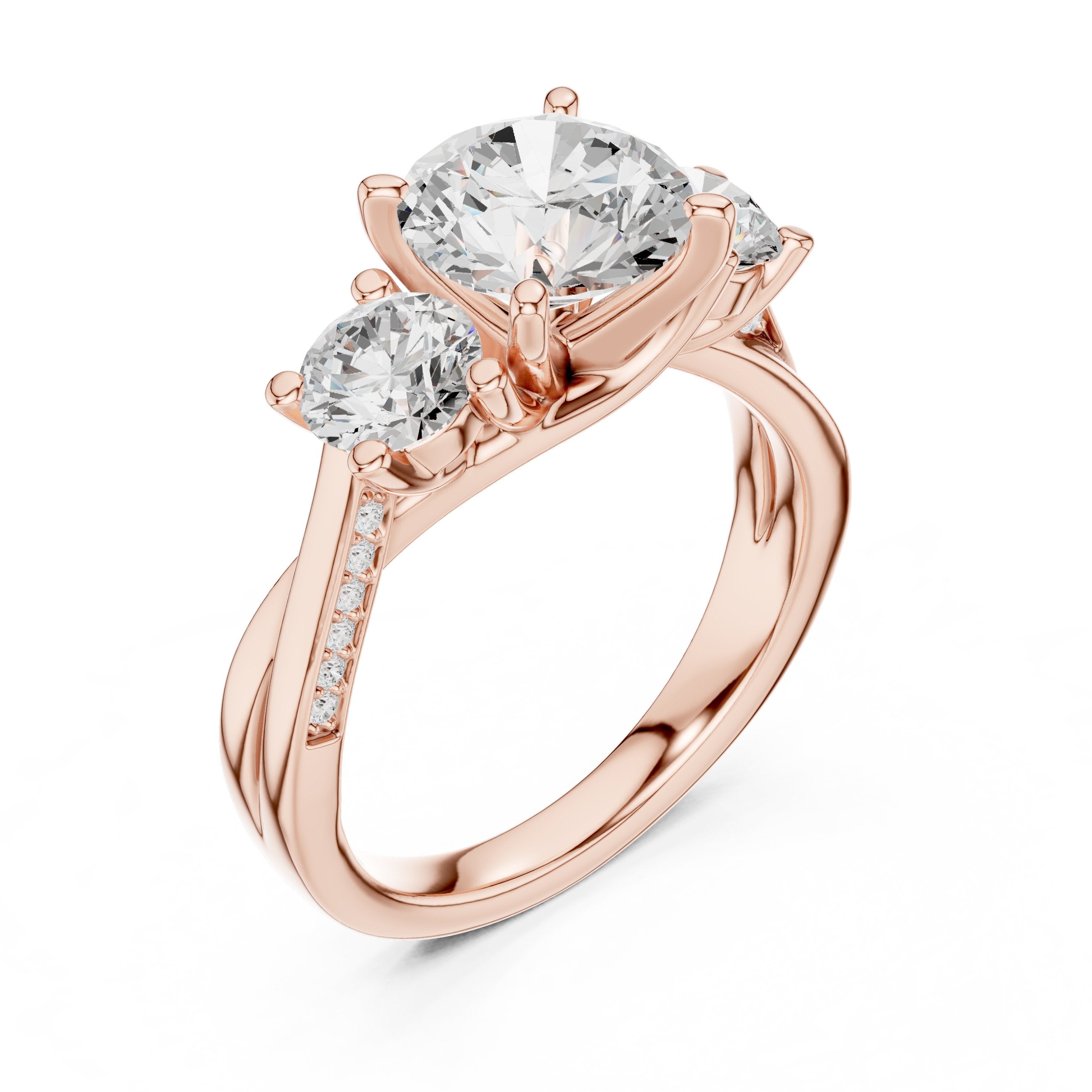 Round Diamond Three Stone Engagement Ring with Round Sides and Pavé Band in Rose Gold - VYKA Diamonds