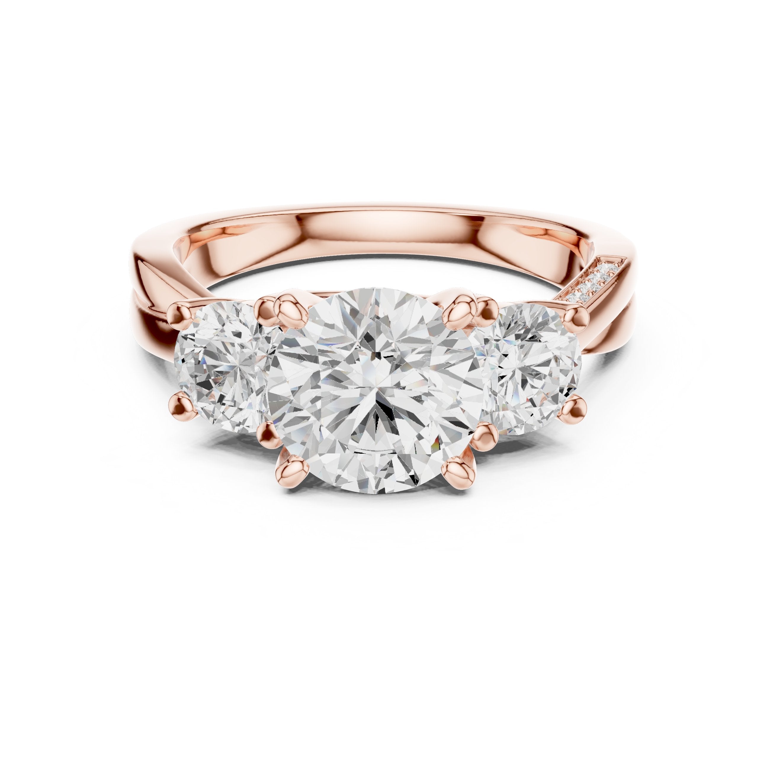 Round Diamond Three Stone Engagement Ring with Round Sides and Pavé Band in Rose Gold - VYKA Diamonds