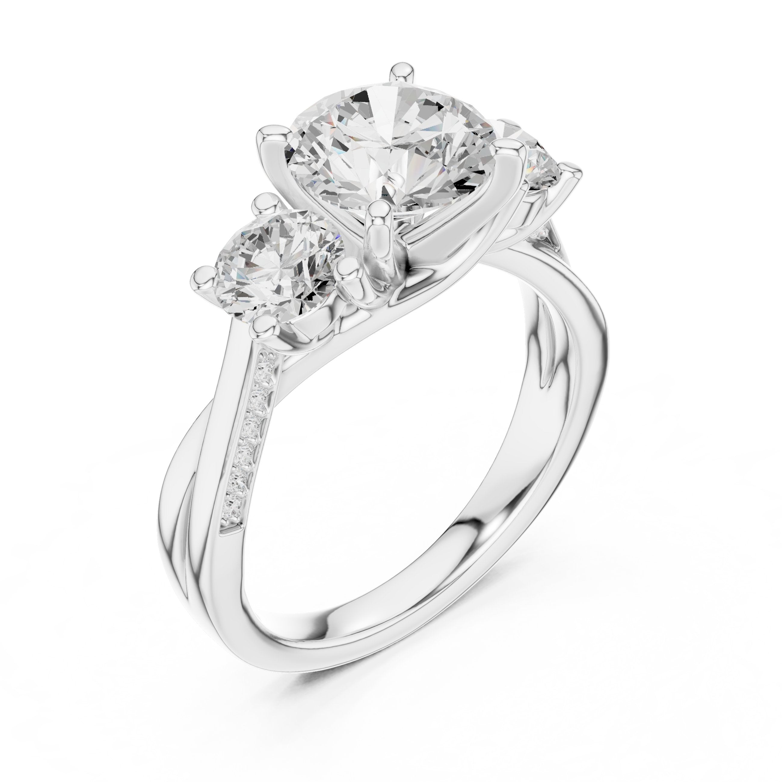 Round Diamond Three Stone Engagement Ring with Round Sides and Pavé Band in White Gold - VYKA Diamonds