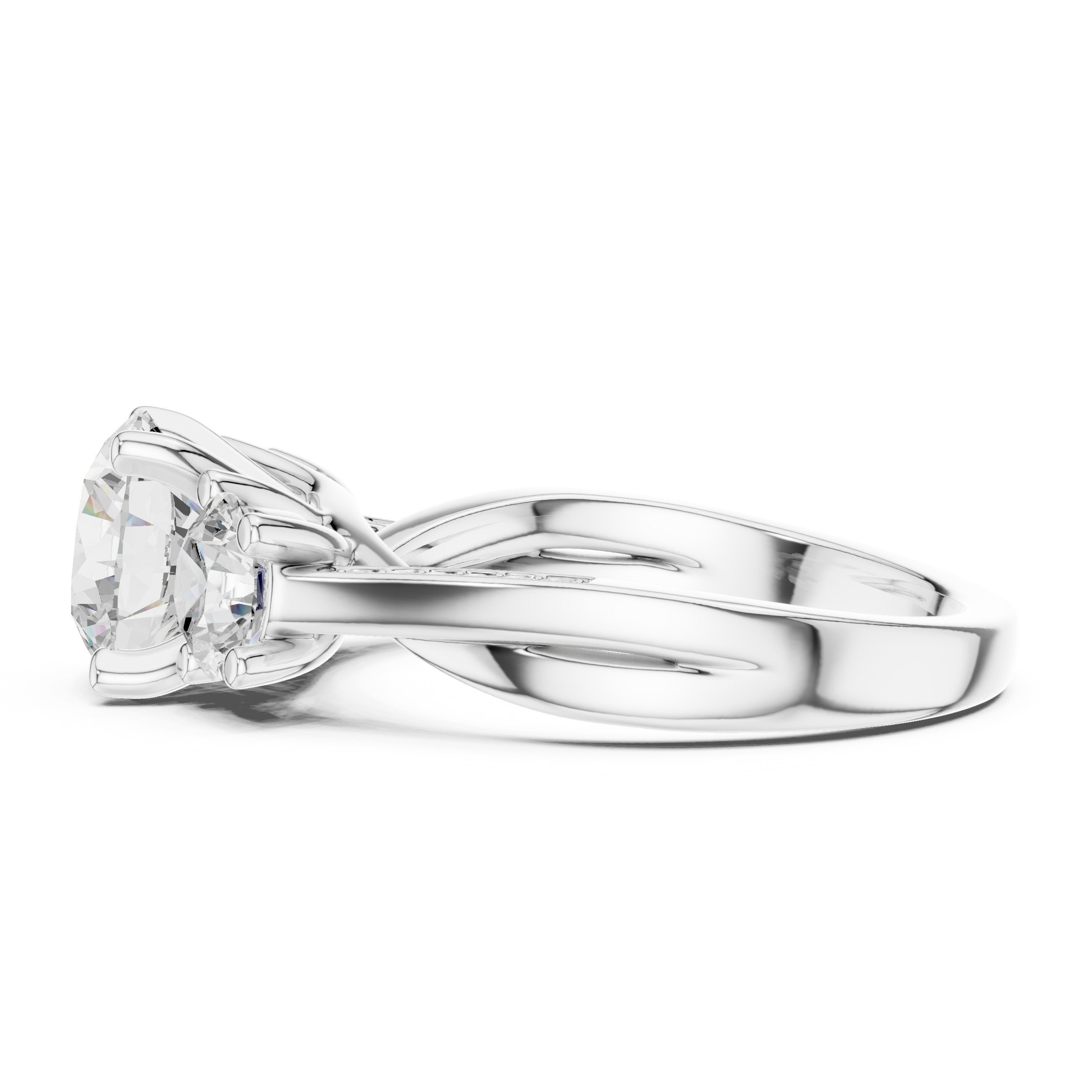 Round Diamond Three Stone Engagement Ring with Round Sides and Pavé Band in White Gold - VYKA Diamonds