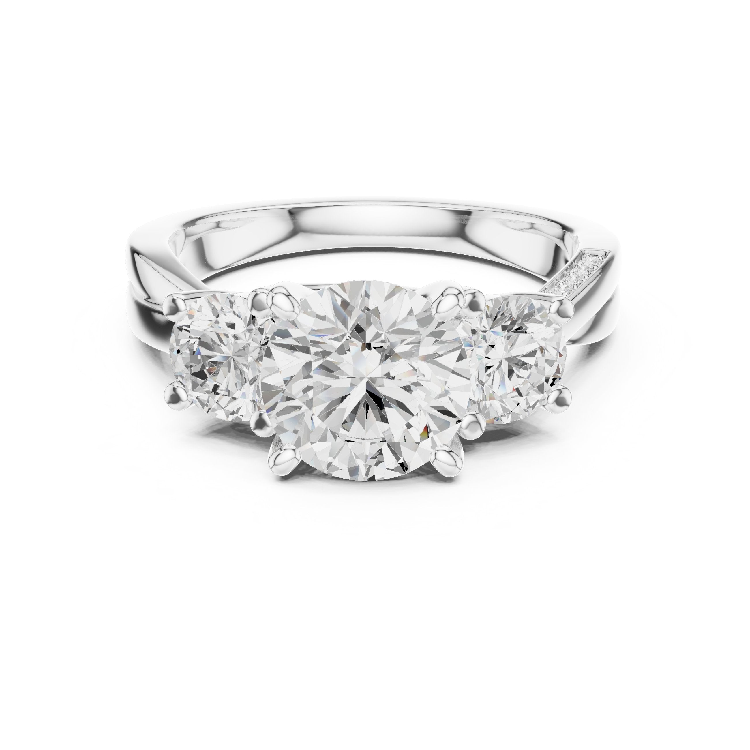 Round Diamond Three Stone Engagement Ring with Round Sides and Pavé Band in White Gold - VYKA Diamonds