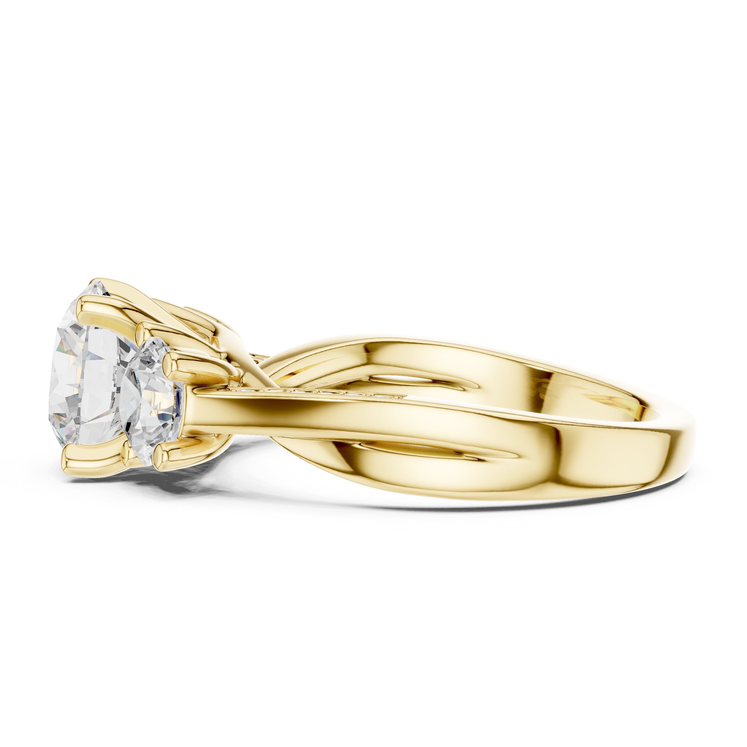 Round Diamond Three Stone Engagement Ring with Round Sides and Pavé Band in Yellow Gold - VYKA Diamonds